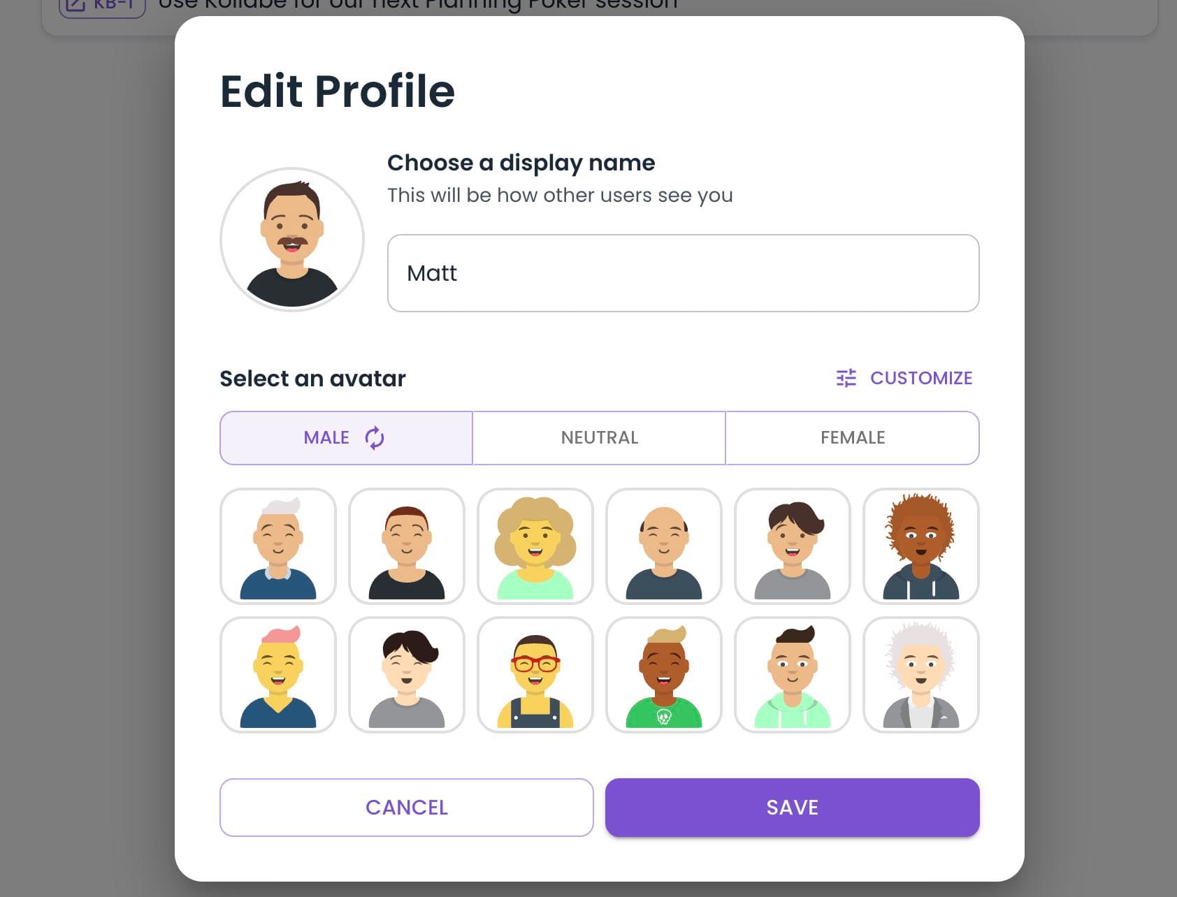 Remote team members estimating together with avatars in a Kollabe planning poker room