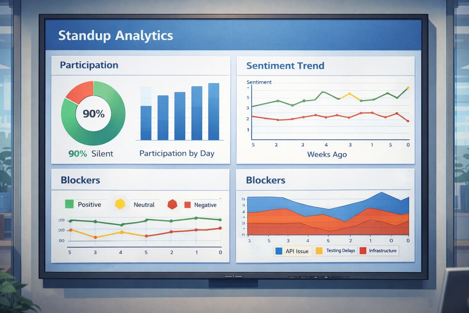 Dashboard showing standup analytics with participation charts and trend lines over time