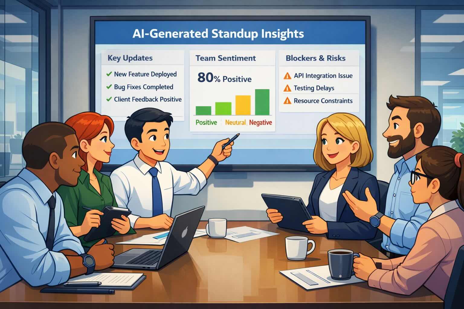 Team reviewing AI-generated standup insights