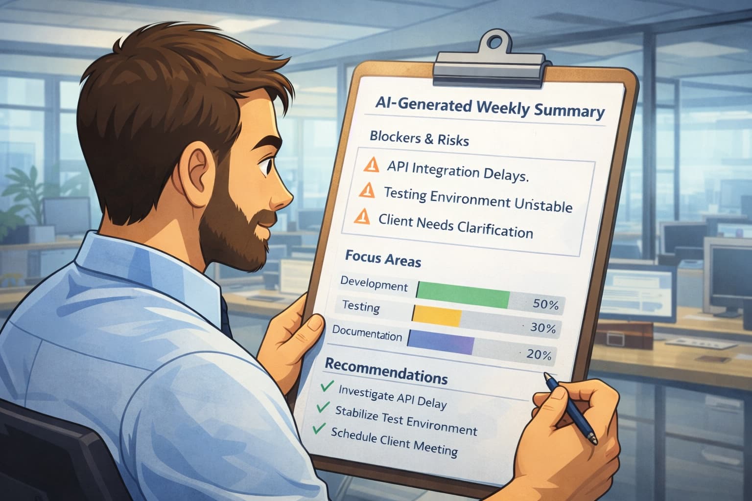 Team lead reviewing AI-generated weekly summary showing blockers and team focus areas