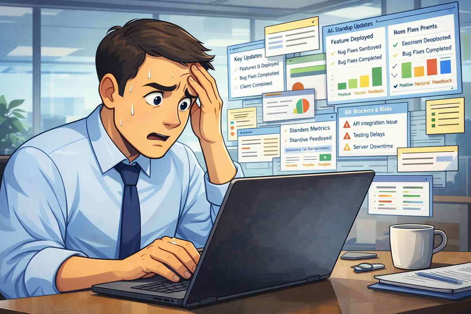 Manager reviewing standup updates on laptop, looking overwhelmed by the volume of information to process