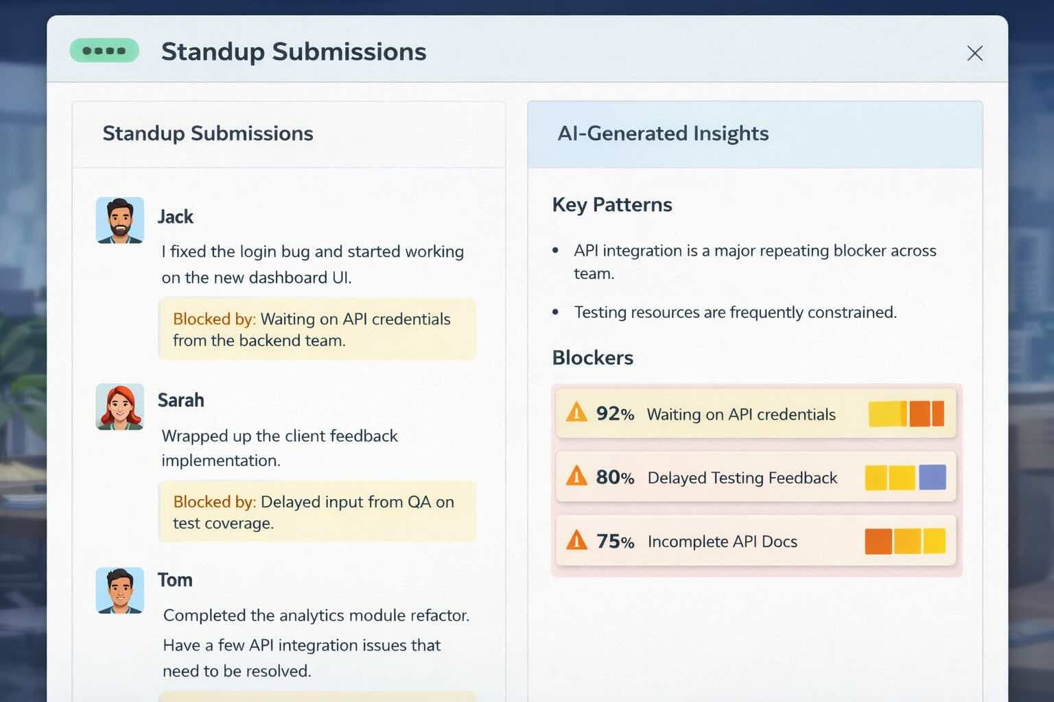 Interface showing standup submissions with AI-generated insights highlighting key patterns and blockers