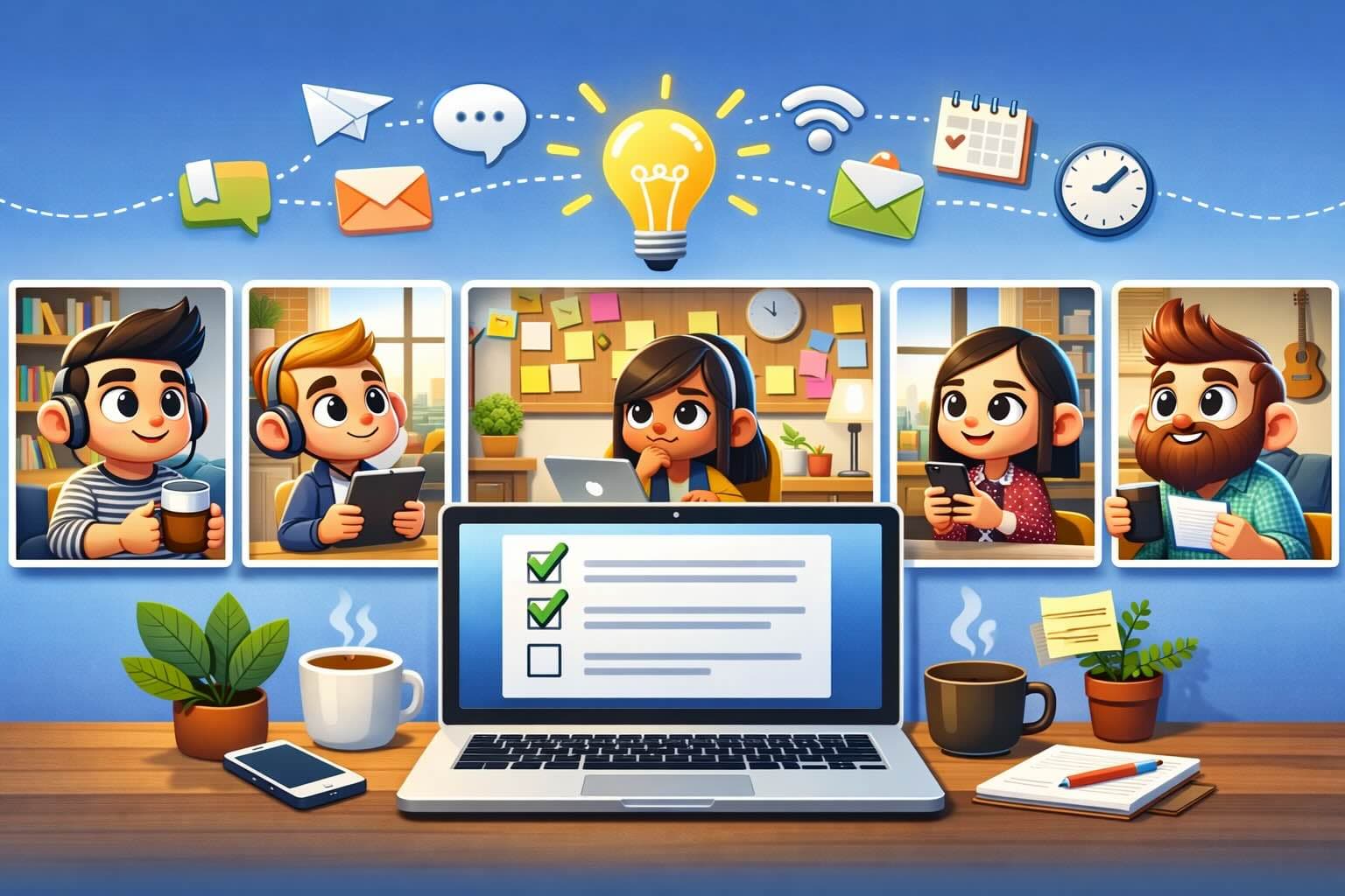 Remote team in an async standup meeting