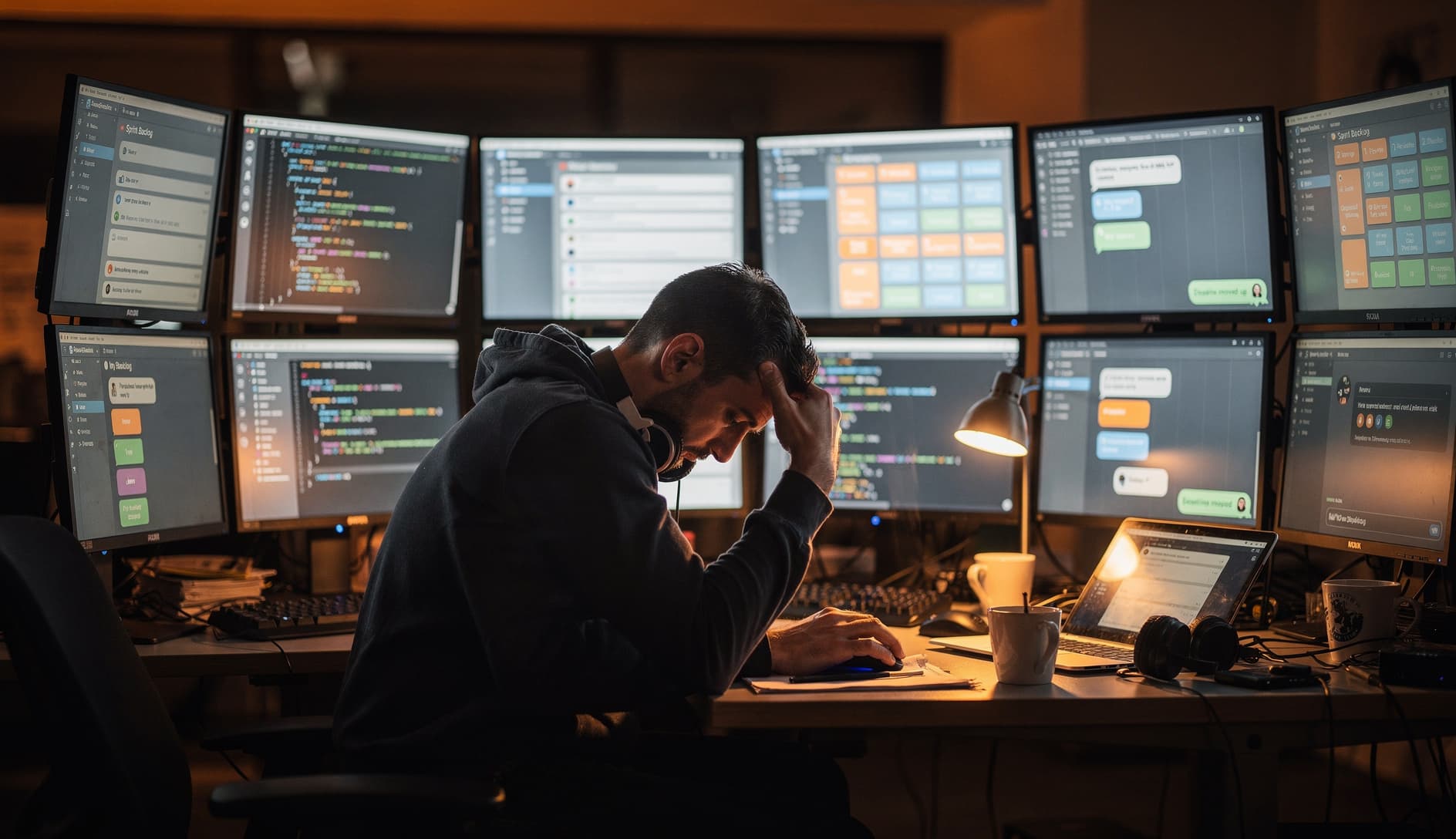 A burnt-out software developer sitting alone at a dim desk surrounded by multiple monitors showing project boards and chat notifications