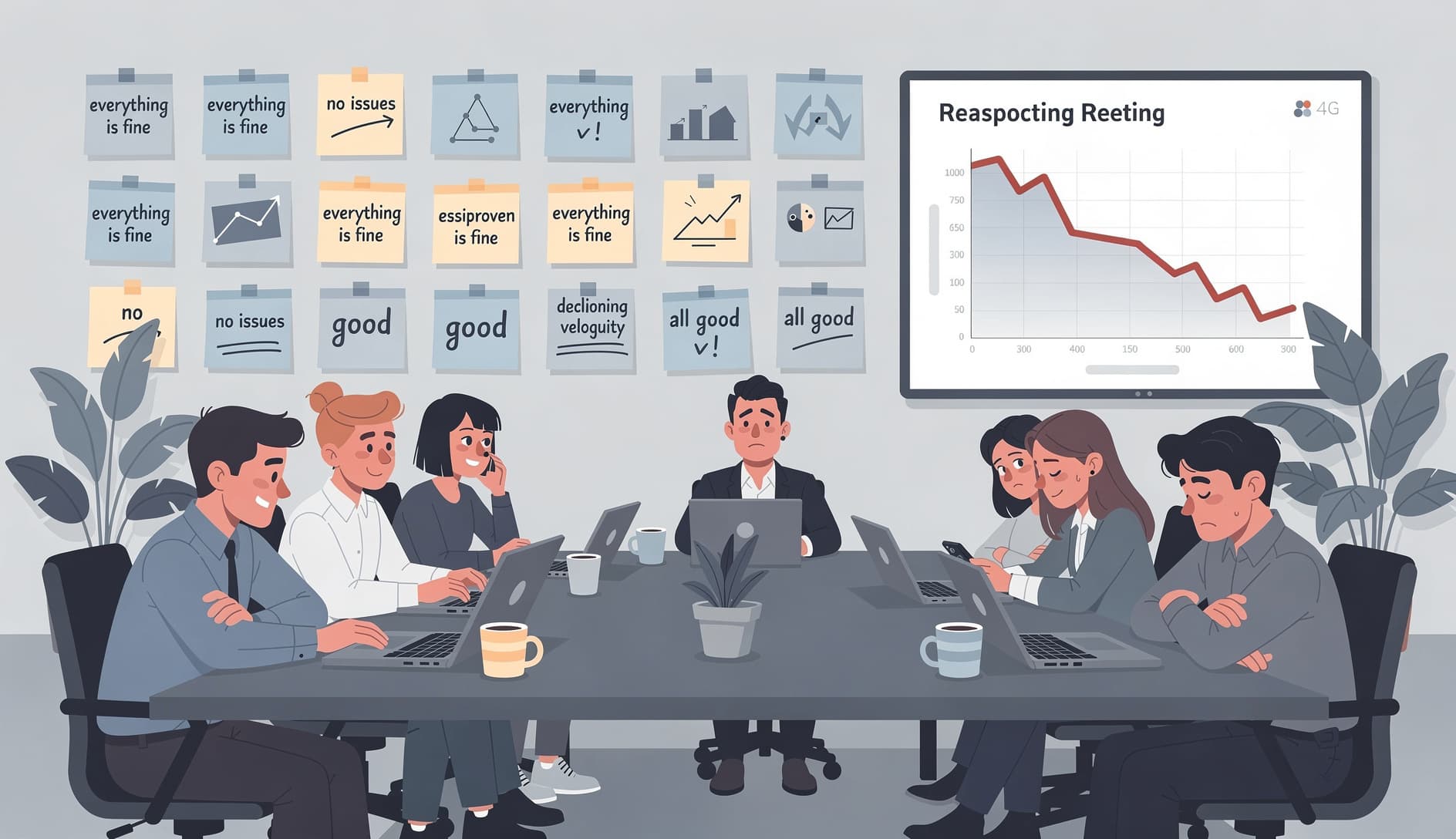 A sprint retrospective meeting where the team looks checked out, sticky notes on the wall saying everything is fine while a screen shows declining velocity