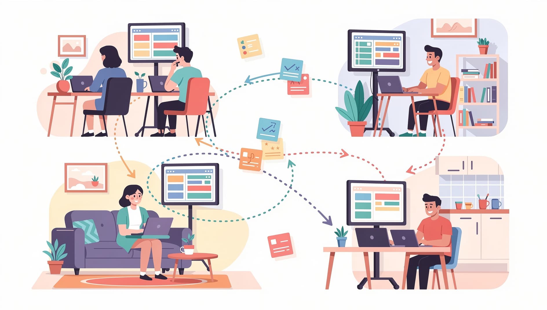 Distributed team members working from different locations with planning artifacts floating between them, connected by dotted lines