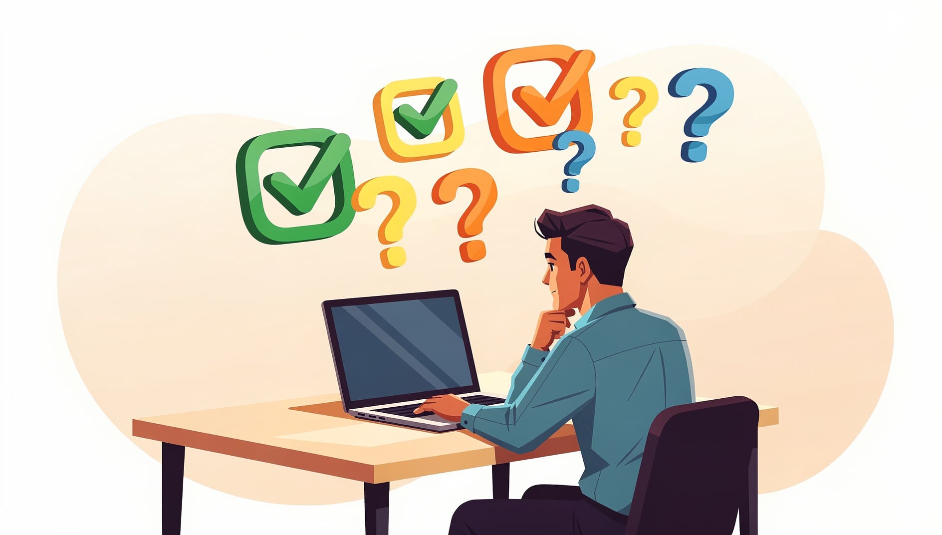 Team member reviewing sprint backlog items on a laptop with checkmarks and question marks appearing above different items