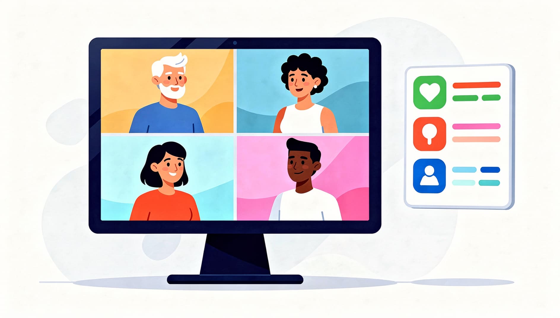 Team on a short video call with a clear agenda board showing only three flagged discussion items