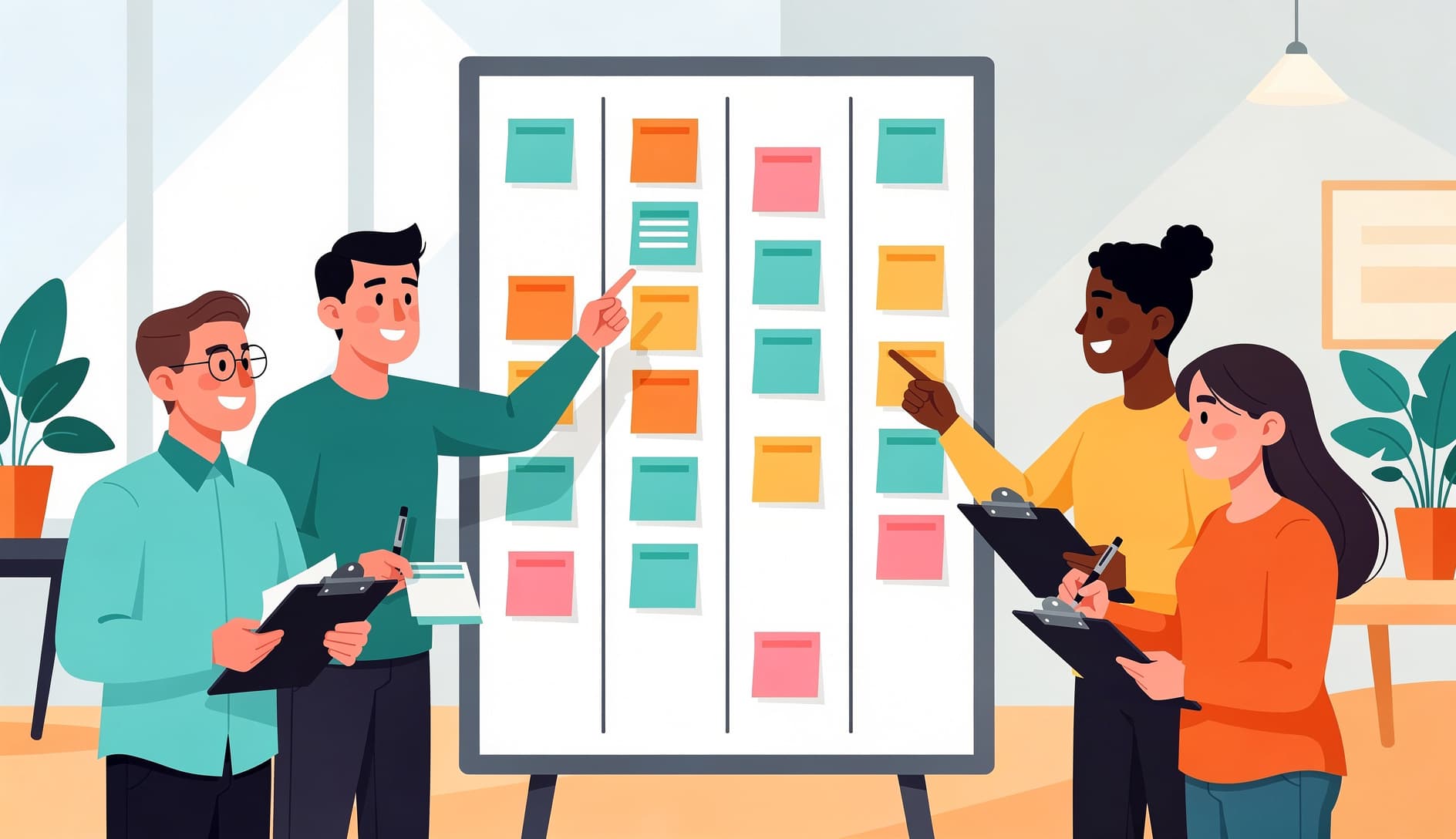 A diverse agile team gathered around a kanban board collaborating on organizing and prioritizing sticky notes, with some members pointing at items and others taking notes