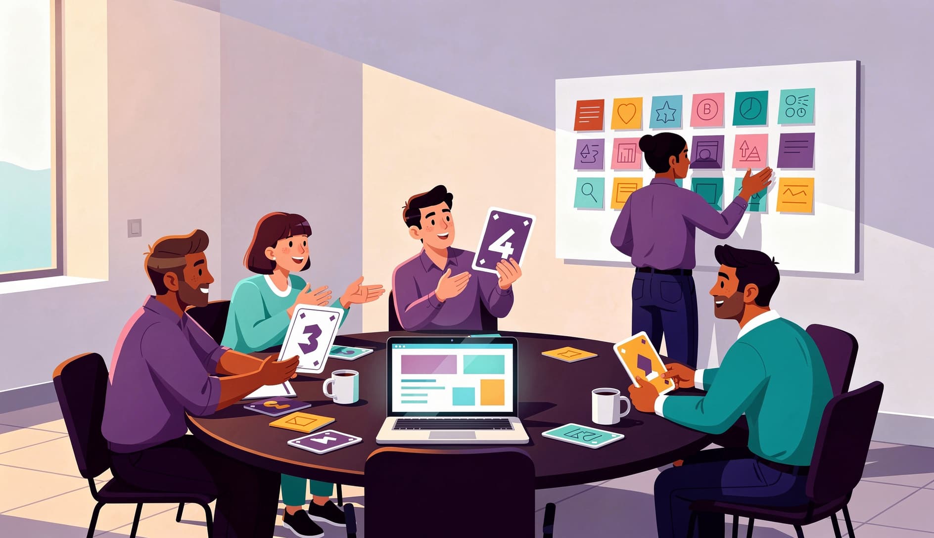 A team of professionals in a meeting room with one person presenting at a whiteboard covered in user story cards while others engage in discussion, with a planning poker app visible on a laptop screen