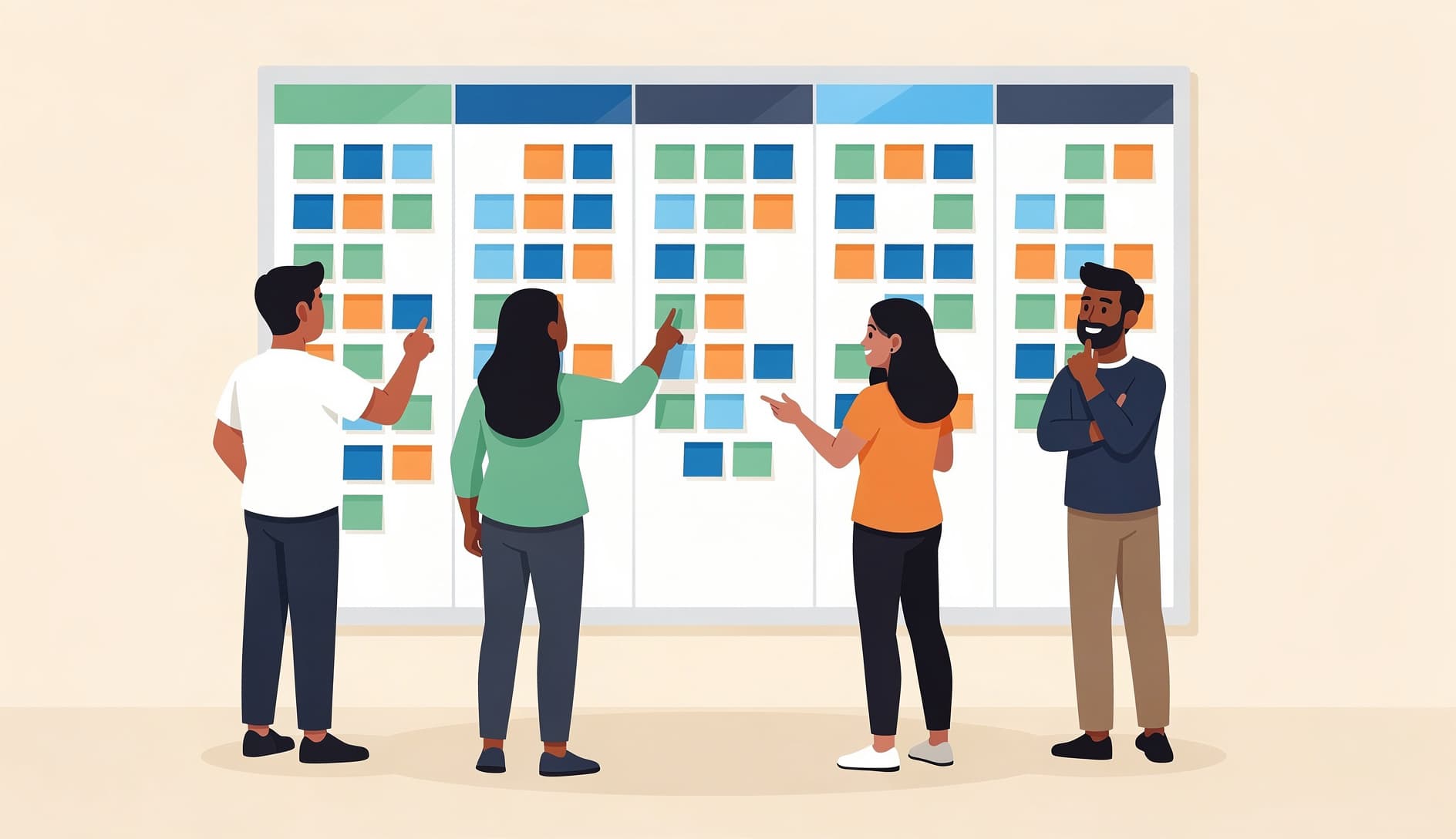 Agile team gathered around a board covered in colorful sticky notes, collaborating on writing user stories during a backlog refinement session