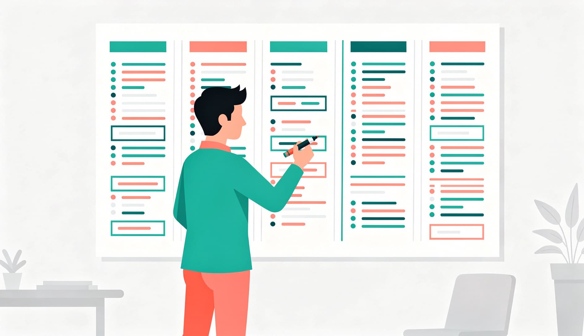 A hand writing acceptance criteria on a whiteboard using the Given-When-Then format, with user story cards pinned nearby