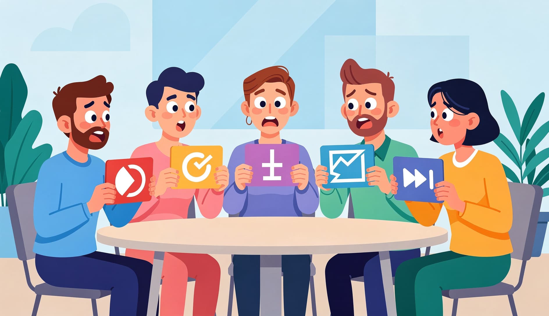 Team members holding up planning poker cards with wildly different values, looking surprised, illustrating estimation disagreement caused by an unclear user story