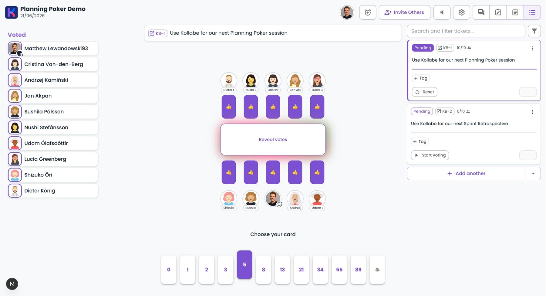 Planning poker room in Kollabe showing the Fibonacci card deck along the bottom with a story to estimate at the top and participant avatars around the table