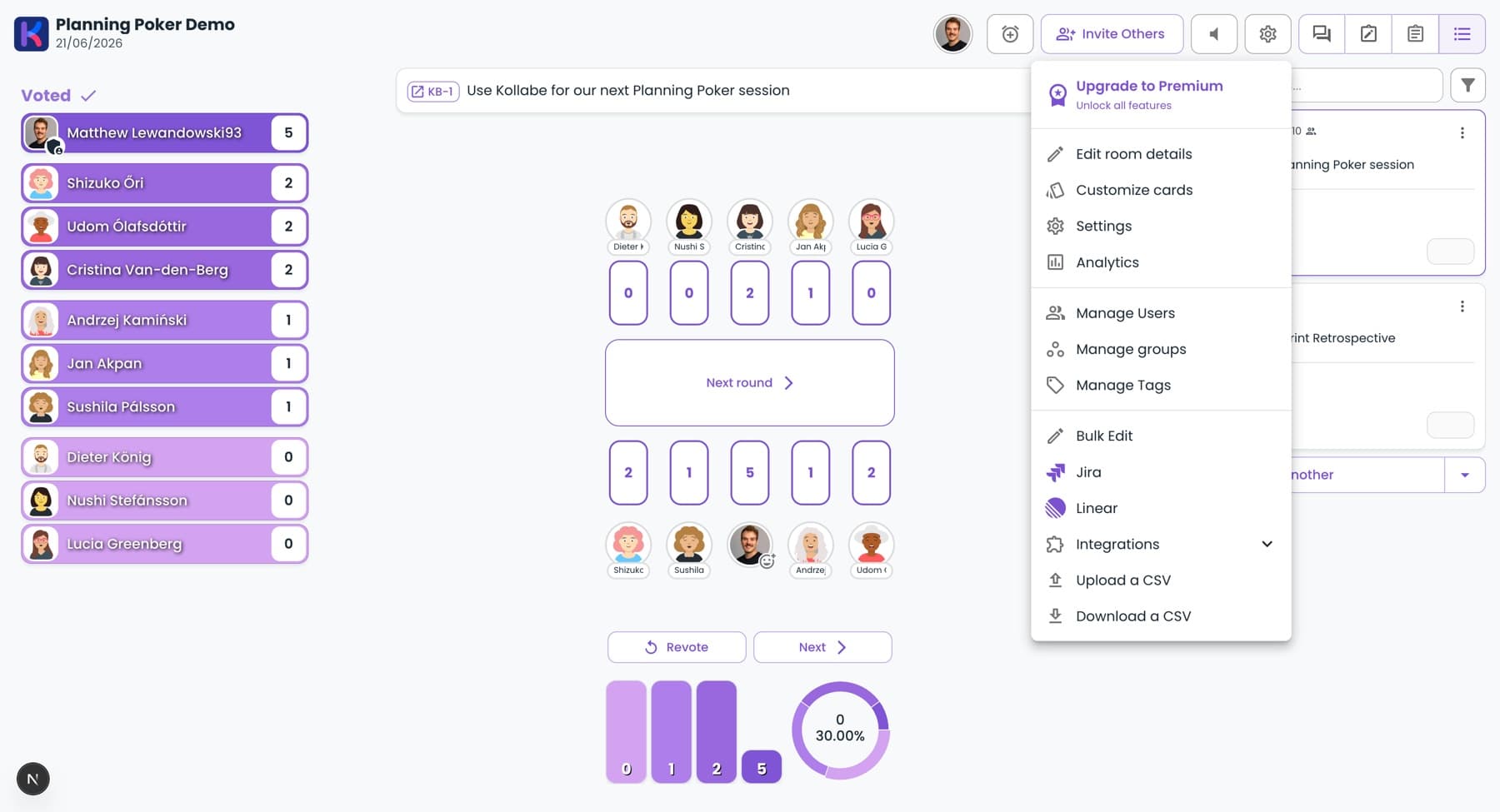 Kollabe planning poker room menu showing import and sync options for Jira, Linear, and CSV alongside custom card decks and analytics