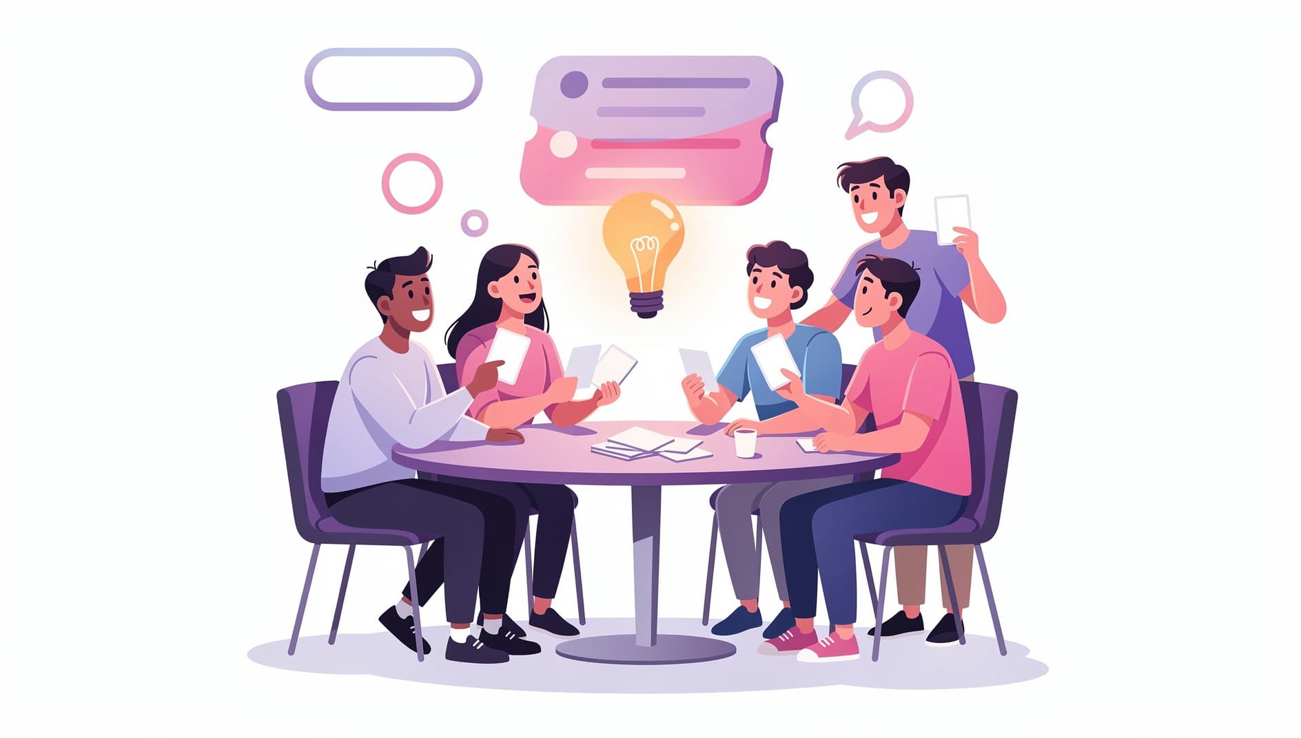Stylized illustration of an agile team around a table playing planning poker, each person holding up an estimation card, with a task ticket and a lightbulb of consensus floating above them