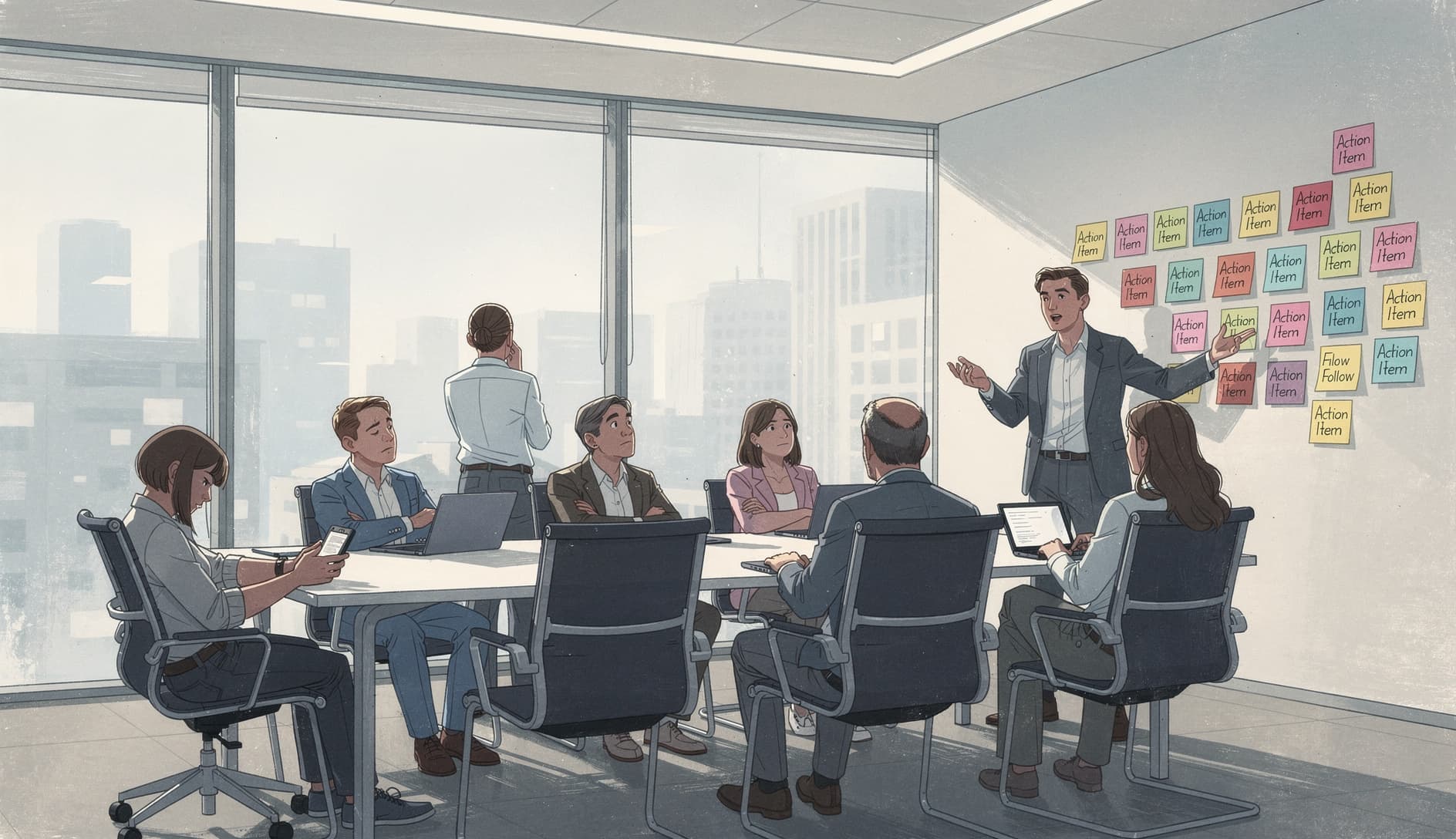 A disengaged team in a meeting room, some scrolling phones, only the facilitator speaking, recycled action items on the wall