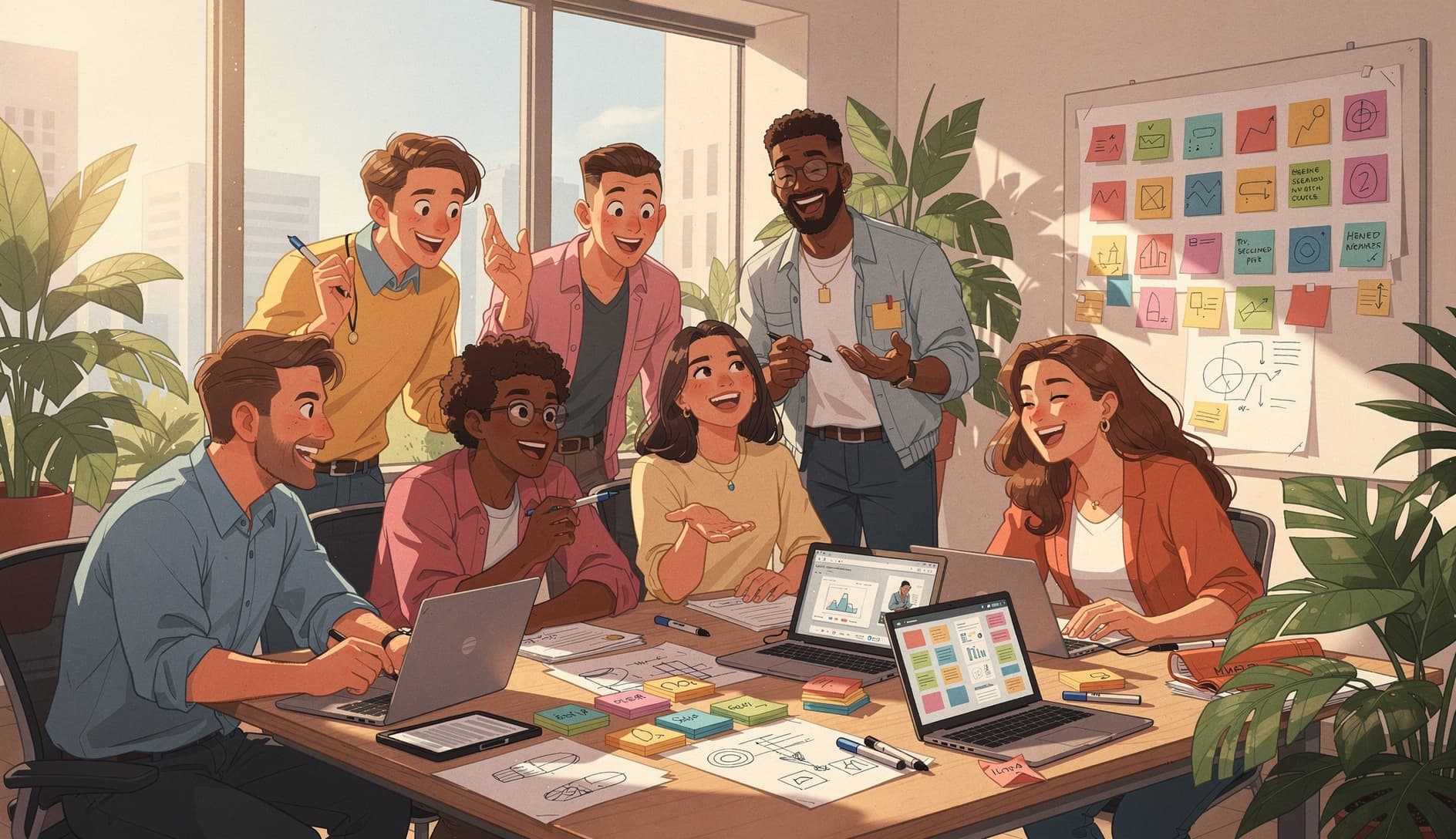 An energized team in a creative workshop session using colorful sticky notes, drawings, and digital tools