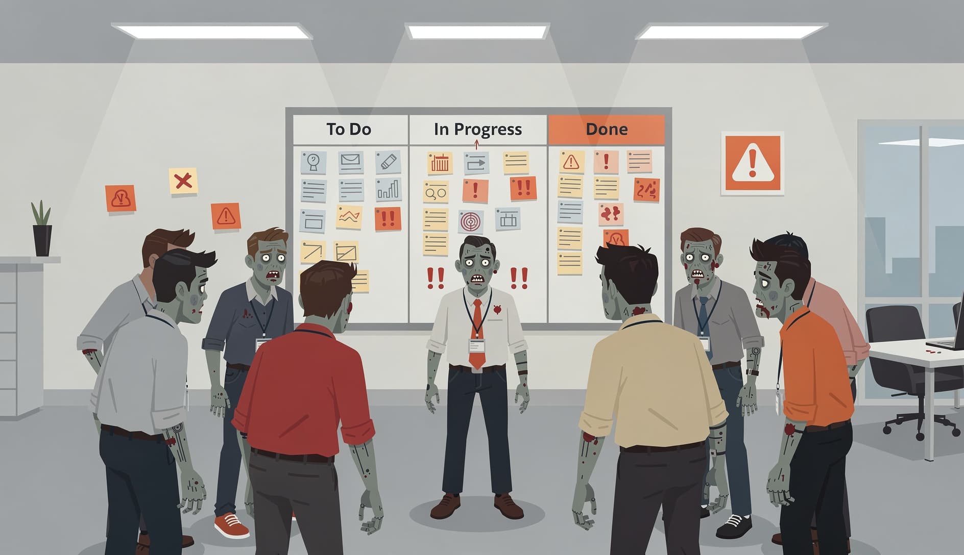 Illustrated team going through mechanical motions at a standup meeting with lifeless expressions, a stagnant agile board in the background