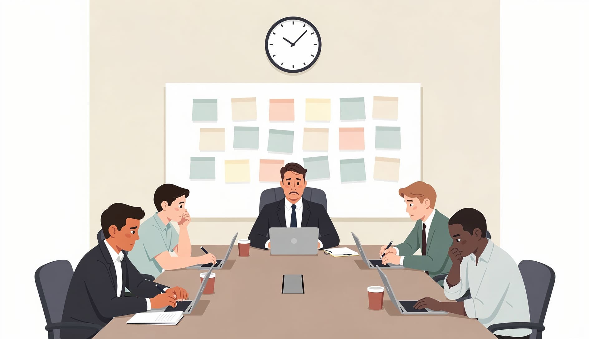 Illustrated retrospective meeting where a manager sits at the head of the table while team members look uncomfortable and silent, with blank sticky notes on the wall
