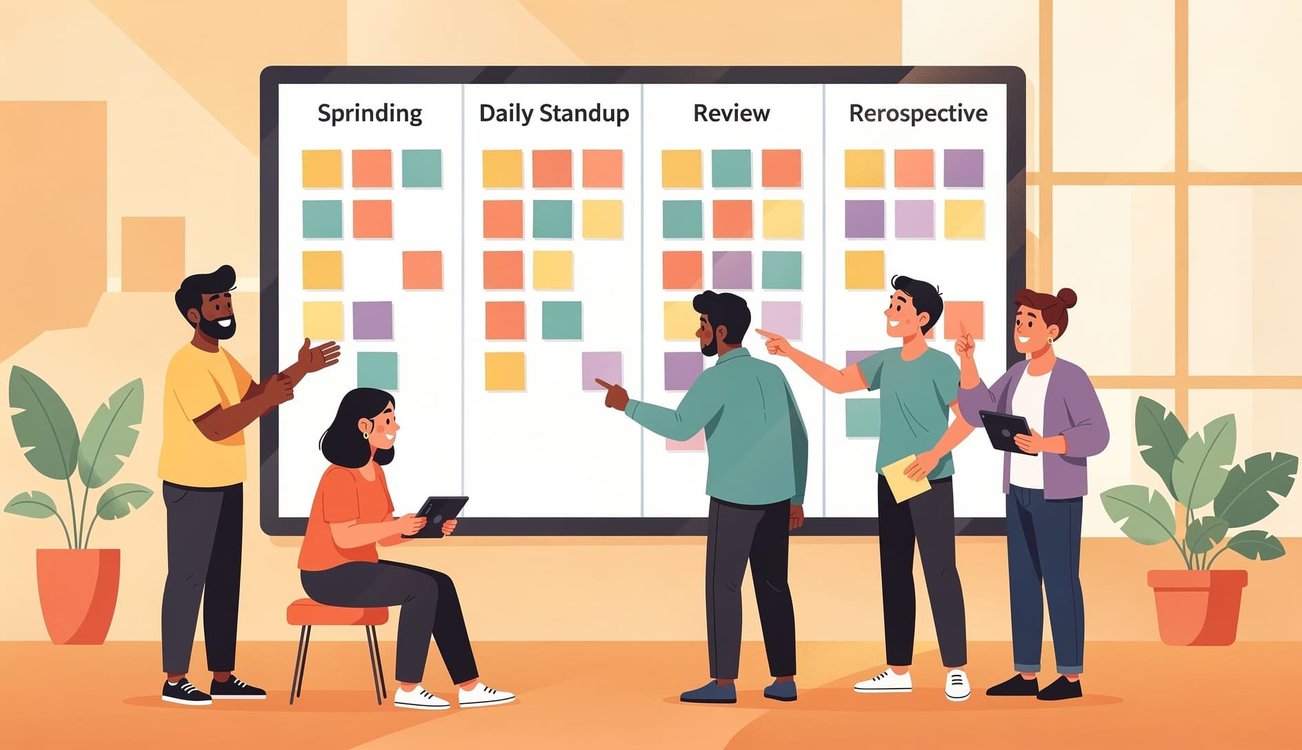 Illustrated team of developers gathered around a scrum board with sticky notes, progressing through different meeting formats in a colorful agile workspace