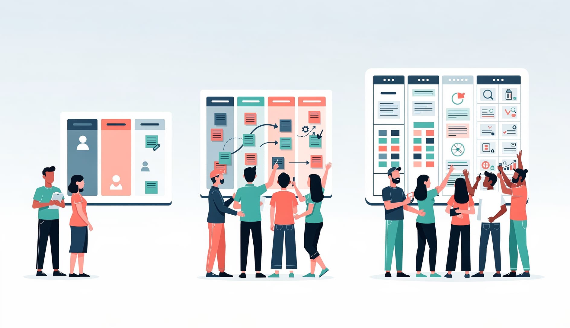 Teams at different stages of growth with evolving process boards behind them, showing methodology progression over time