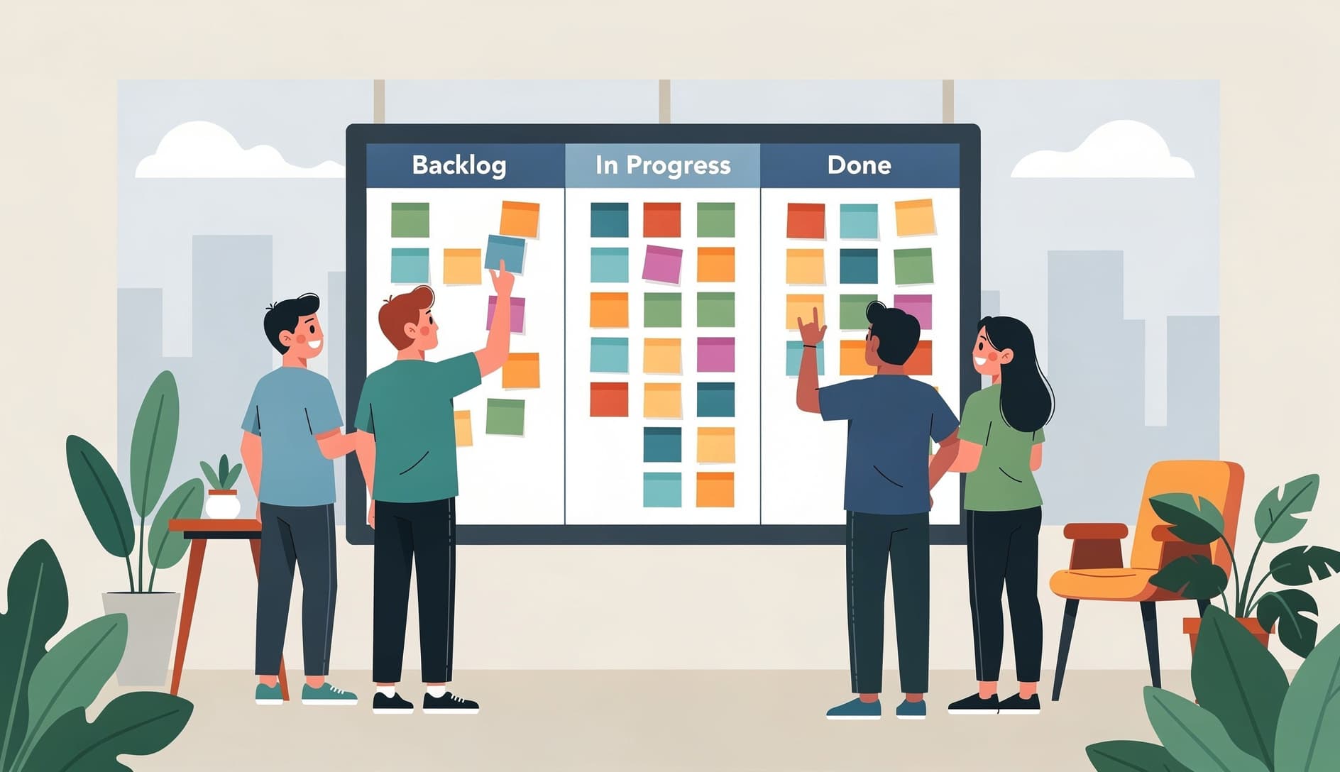 Agile team gathered around a board selecting work items for their next sprint, with sticky notes and a visible sprint goal