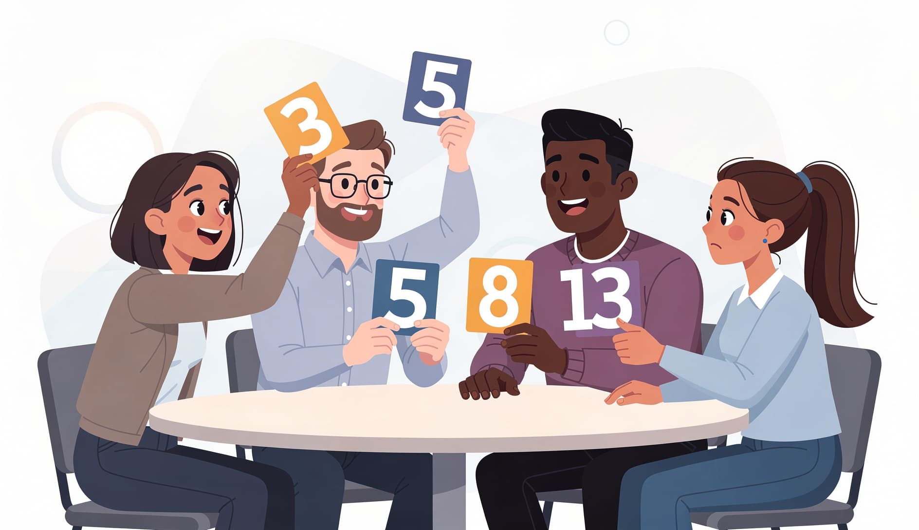 Team members each holding up estimation cards simultaneously during a planning poker session, with numbers visible