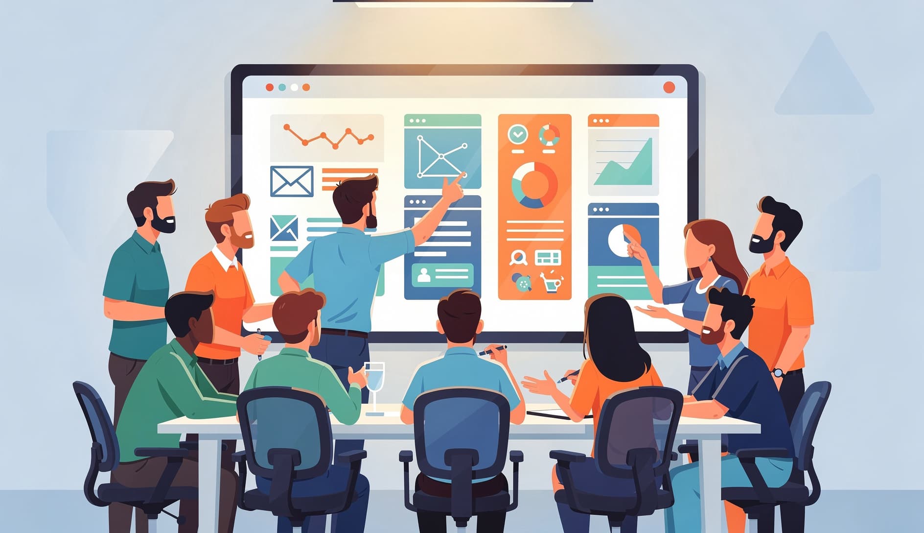Illustrated team presenting working software to engaged stakeholders around a table, with people pointing at a screen and having an active discussion