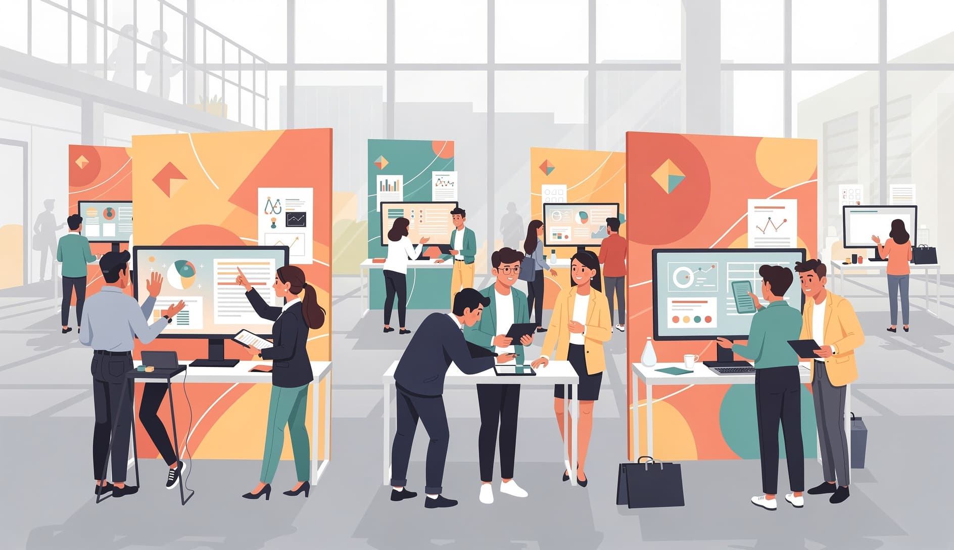 Illustrated science fair style sprint review with multiple team booths and stakeholders moving between stations, in a modern office space