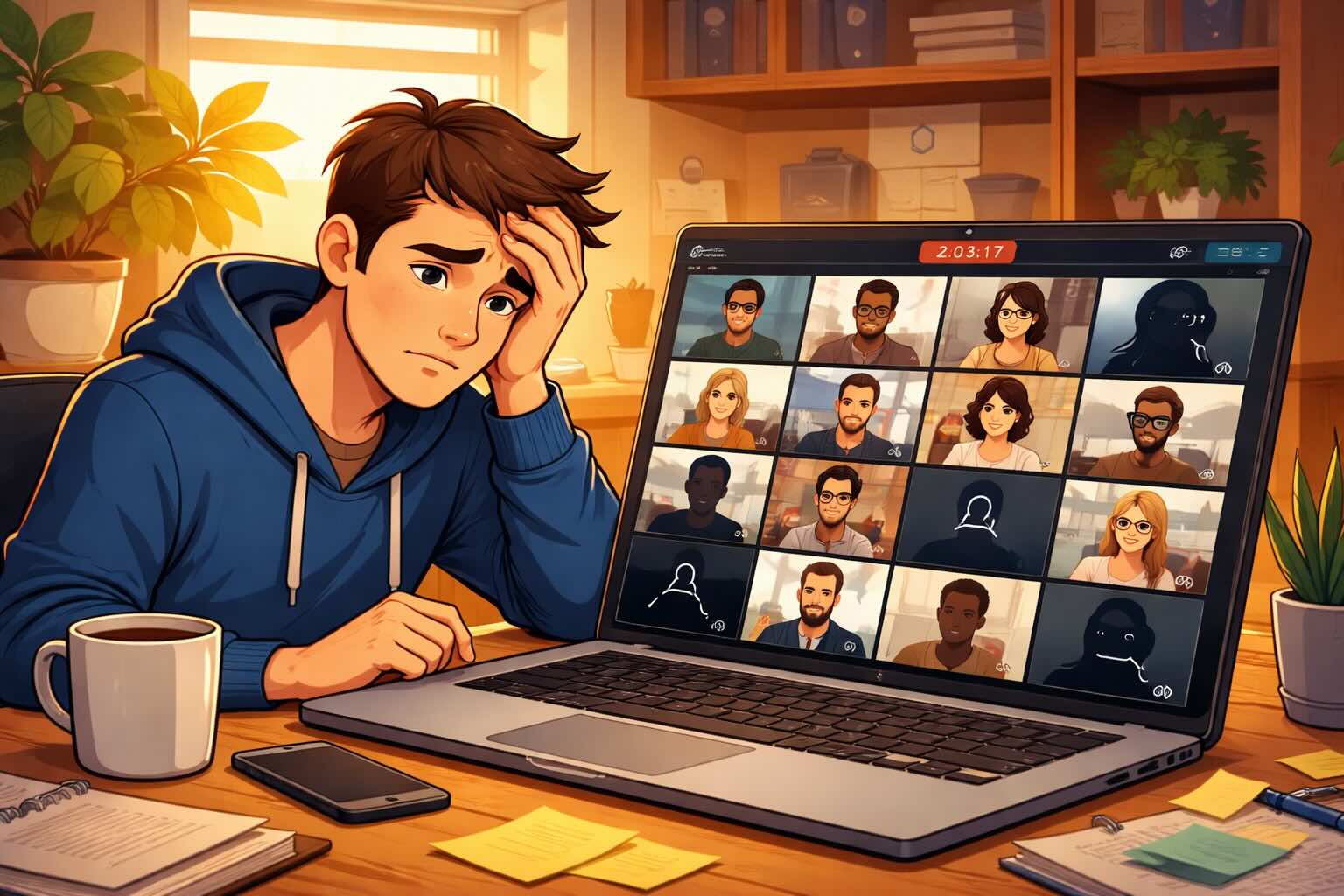 Developer at home office looking frustrated at a laptop screen showing a video call grid with too many participants, some with cameras off, depicting meeting fatigue