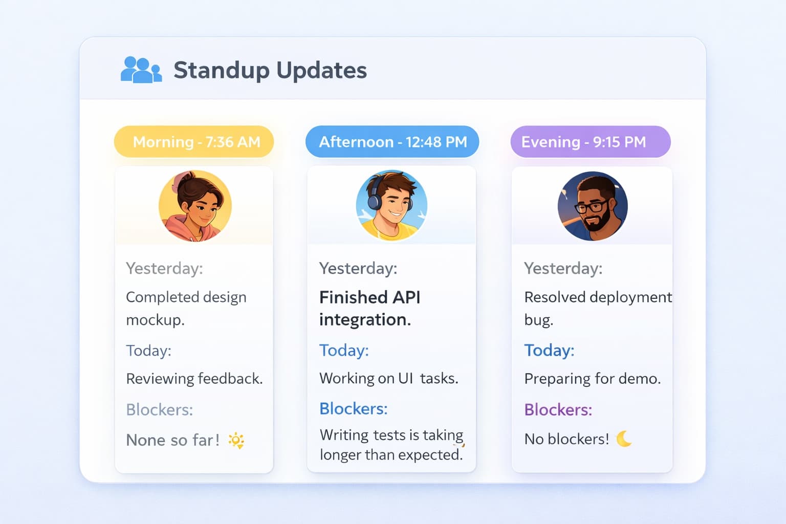 Clean interface showing a standup tool with written updates from team members in different time zones, with timestamps showing morning, afternoon, and evening submissions