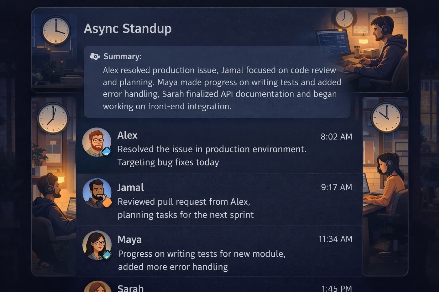 Team members in different locations and time zones all contributing to the same async standup, clock showing different times