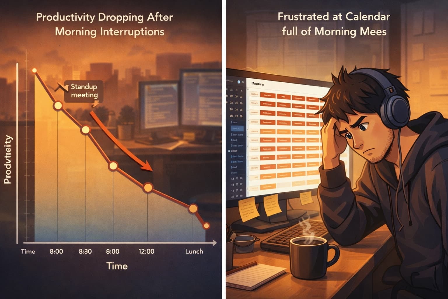 Developer looking frustrated at calendar full of morning meetings, coffee getting cold on desk