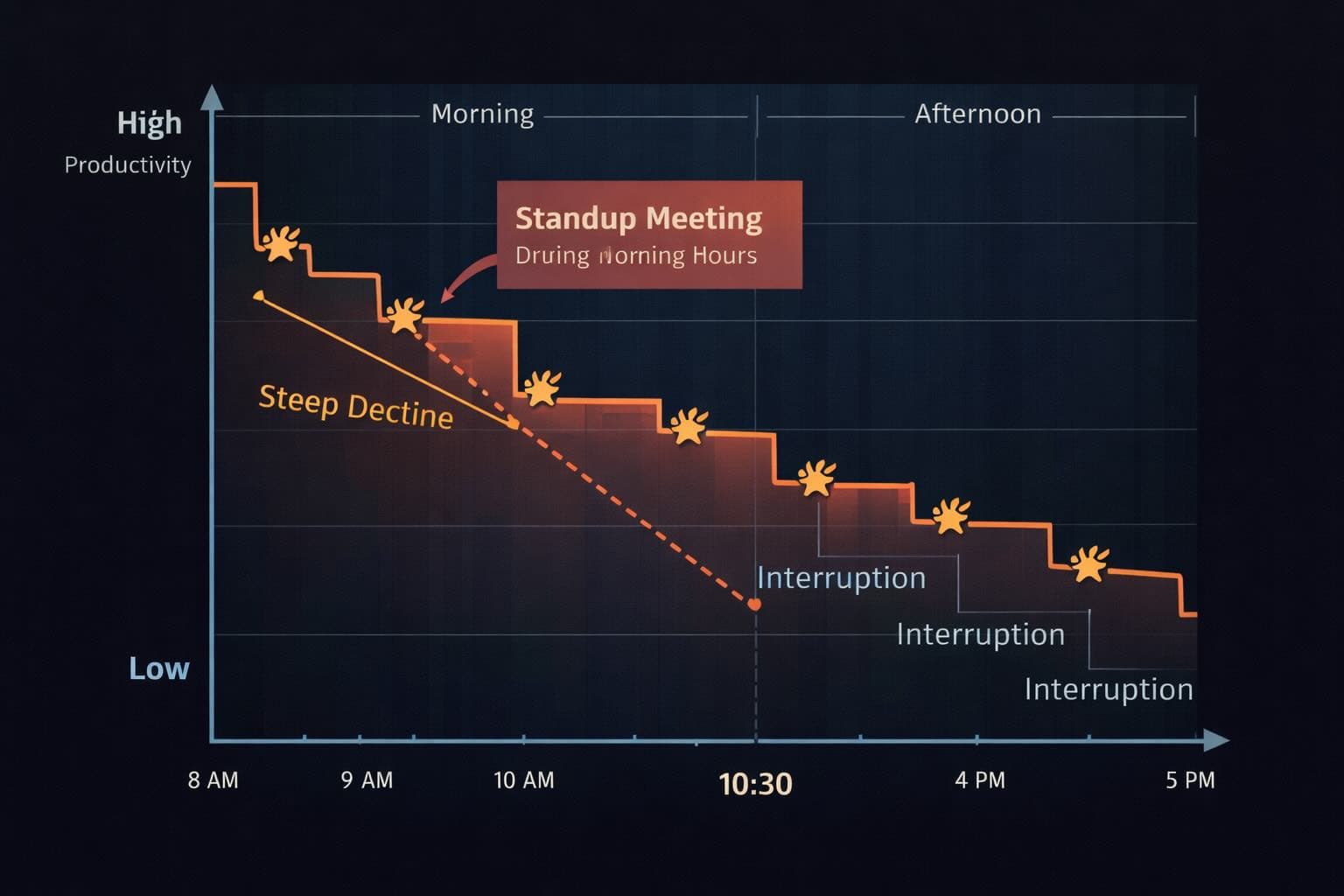Graph showing productivity dropping after each interruption, with a steep decline during morning hours when a standup meeting occurs