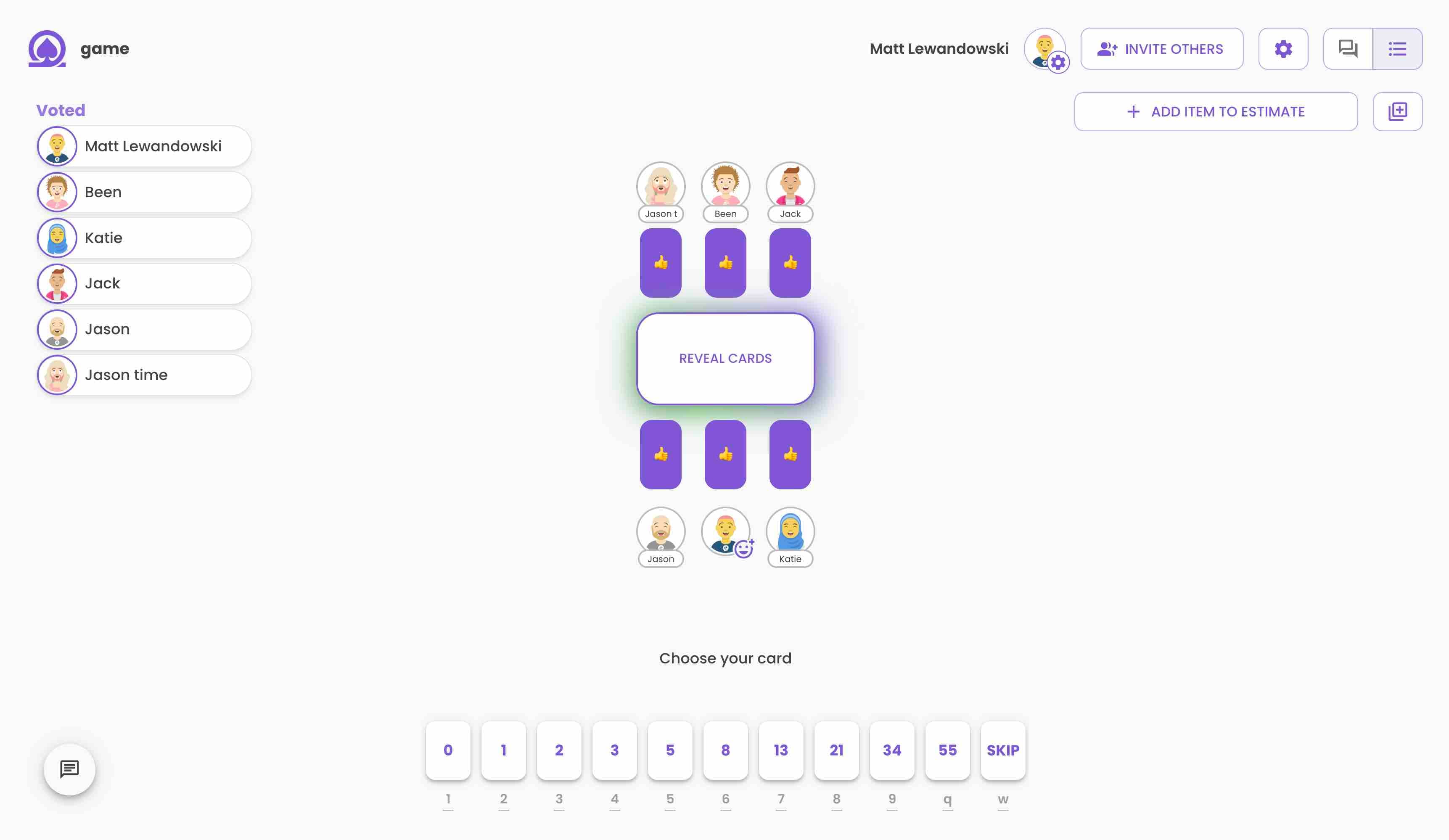 Planning Poker Screen Sharing Mode. The users vote is hidden and they can vote with their keyboard.
