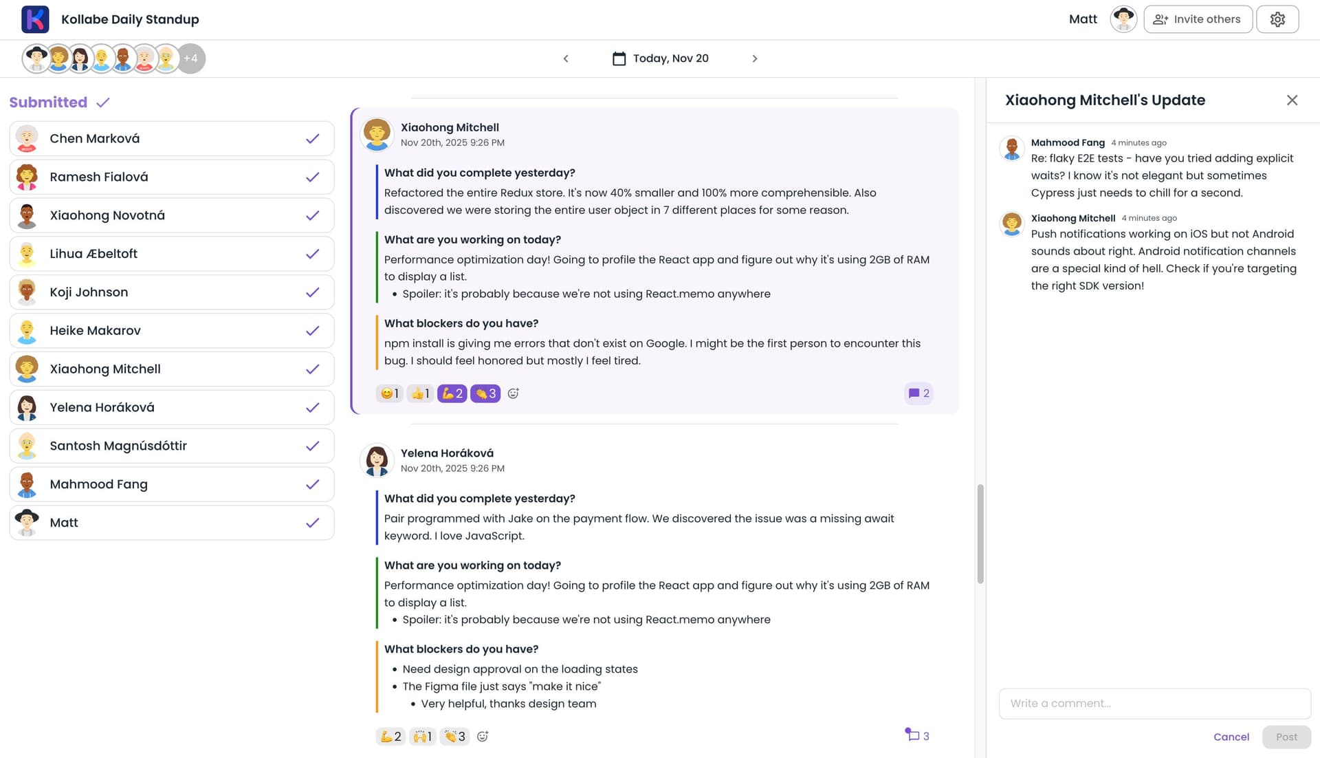 Comments and reactions on standup submissions