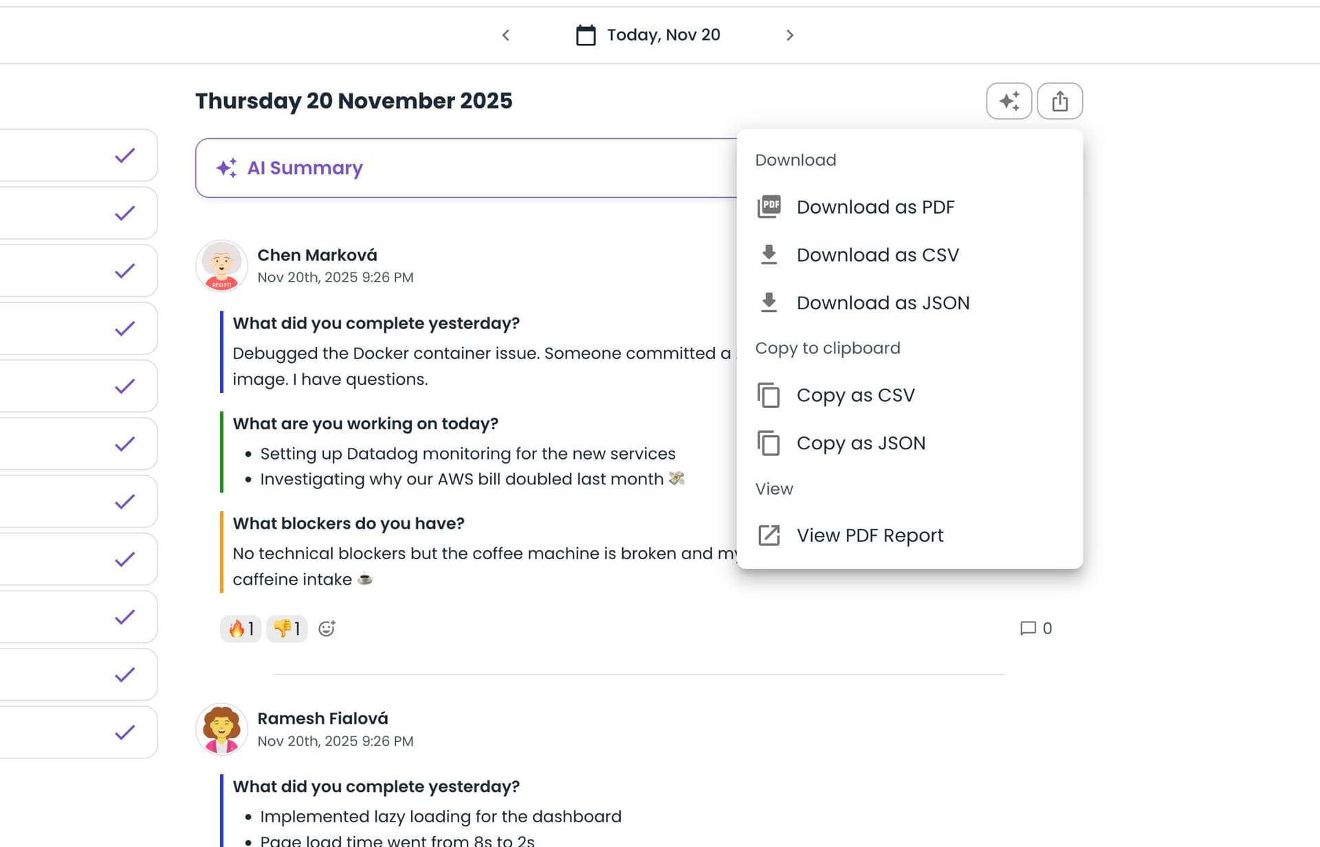 Bulk data export for standups