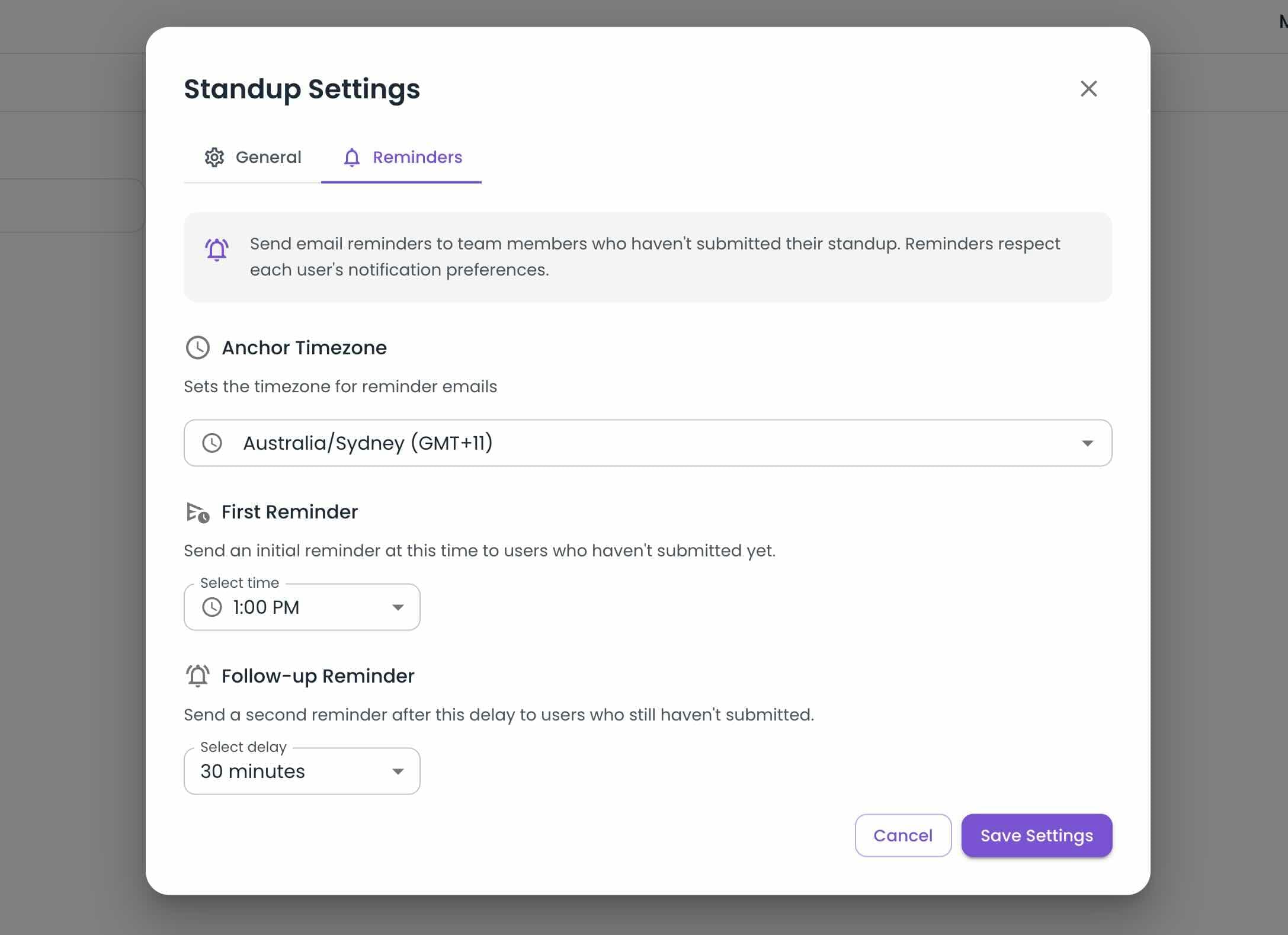 new section in the standup settings for reminders