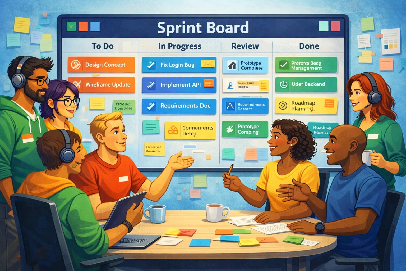 Cross-functional product team with designers, engineers, and product managers viewing a shared sprint board with different types of work items