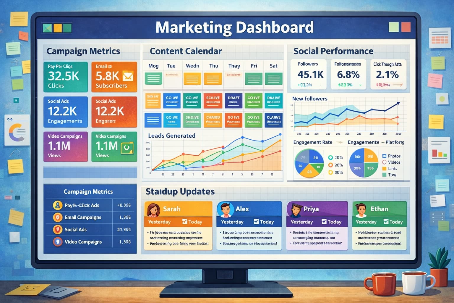 Marketing dashboard showing campaign metrics, content calendar, and social media performance alongside team standup updates