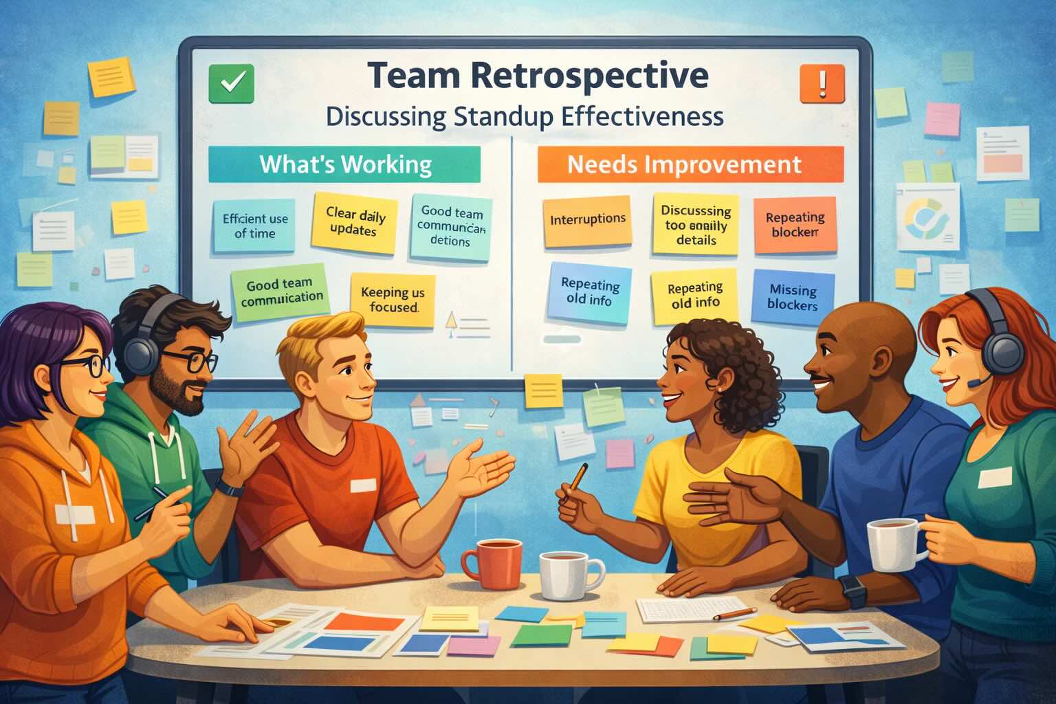 Team retrospective discussing standup effectiveness with sticky notes showing what's working and what needs improvement