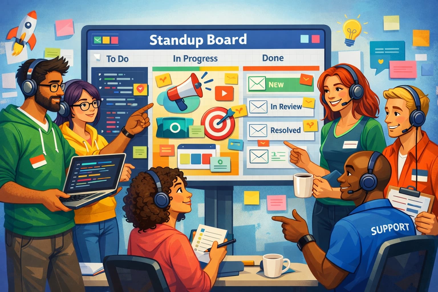 Diverse team members from different departments collaborating around a shared digital standup board, showing engineers with code, marketers with campaigns, and support staff with tickets