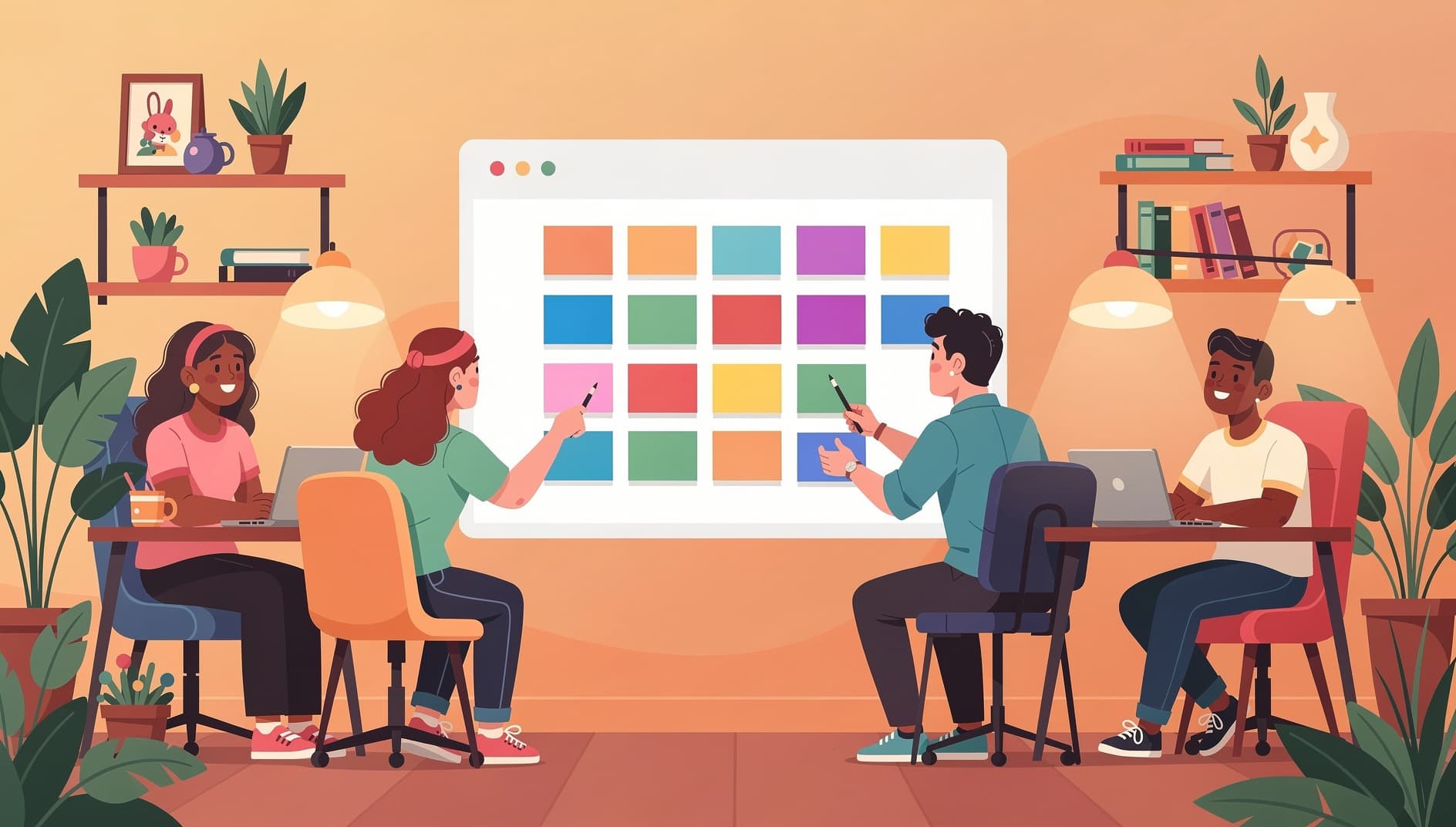 Illustrated team members in different home offices participating in a virtual retrospective, adding colorful sticky notes to a shared digital board