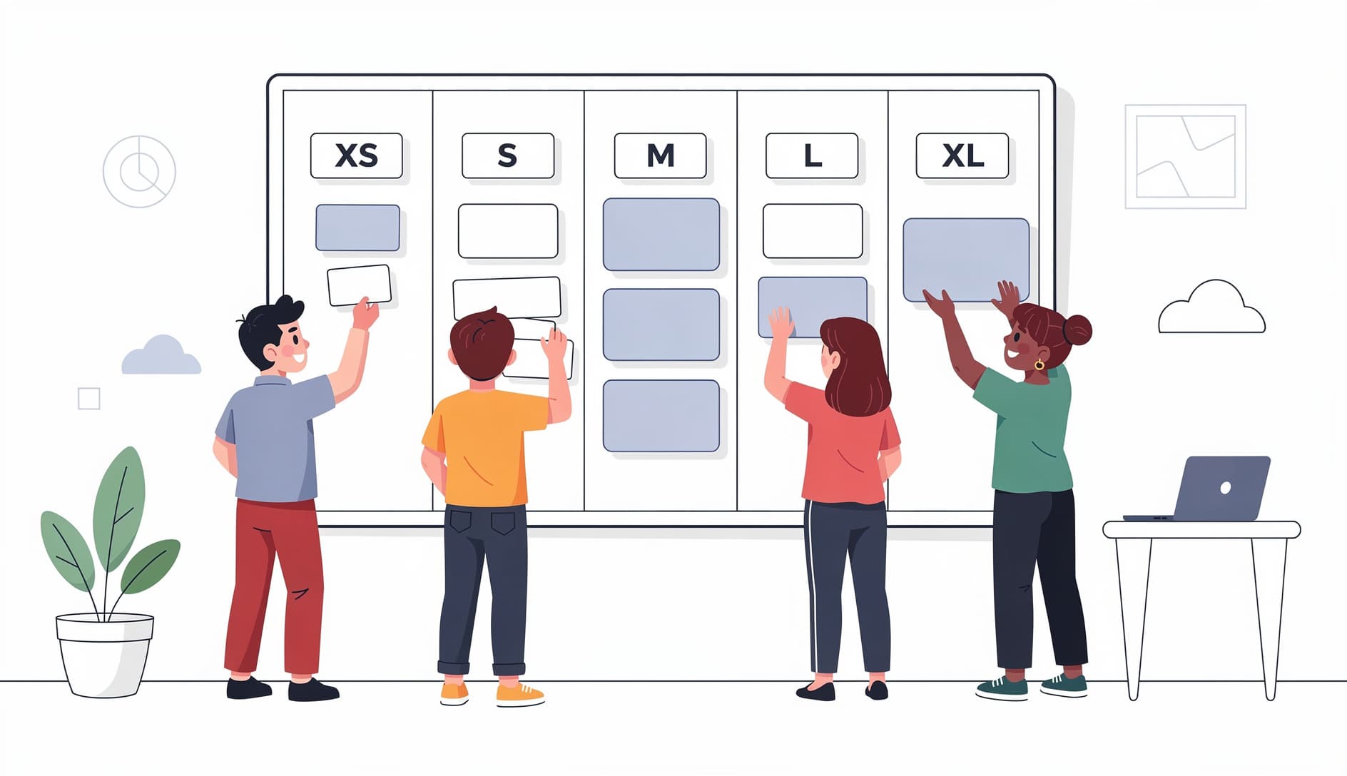 Group of people sorting items into labeled buckets arranged from small to extra-large, representing the relative sizing of tasks using familiar categories