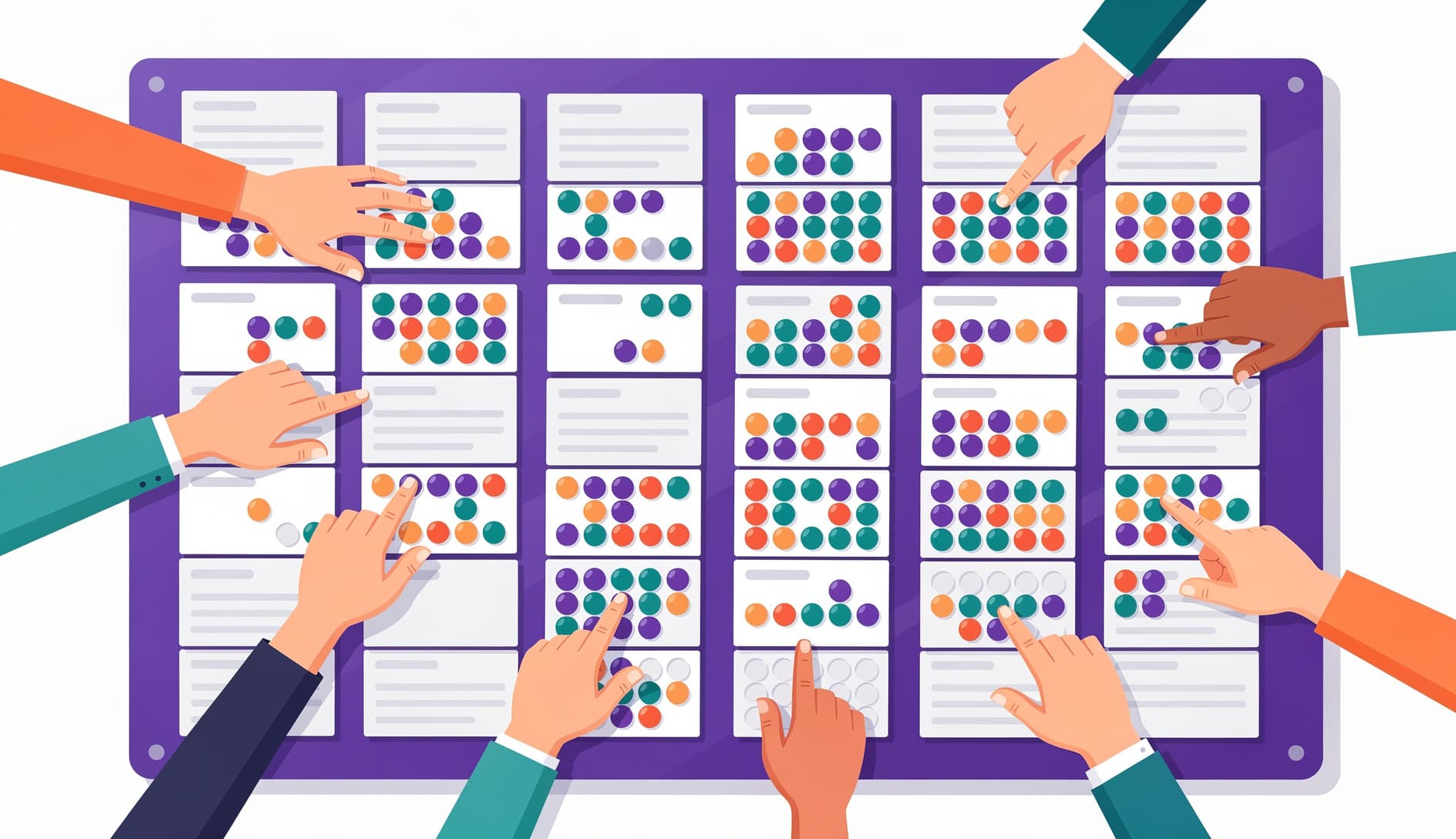 Hands placing colorful dot stickers on a board filled with task cards, some cards covered in multiple dots showing clear team priorities