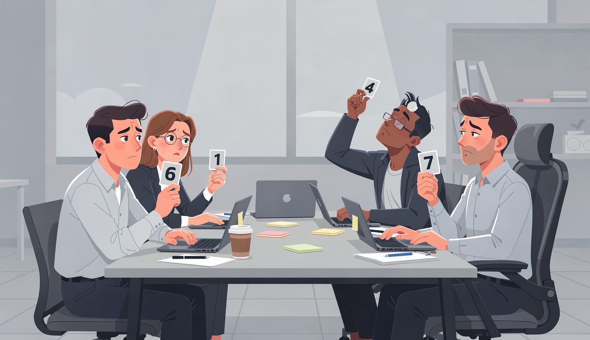 Planning poker estimation session where developers look apathetic, holding up cards with resigned expressions
