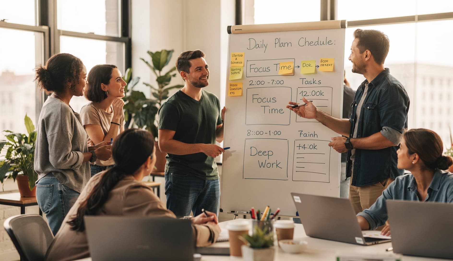A healthy agile team having an energized morning with protected focus time, developers looking engaged and rested in bright natural lighting