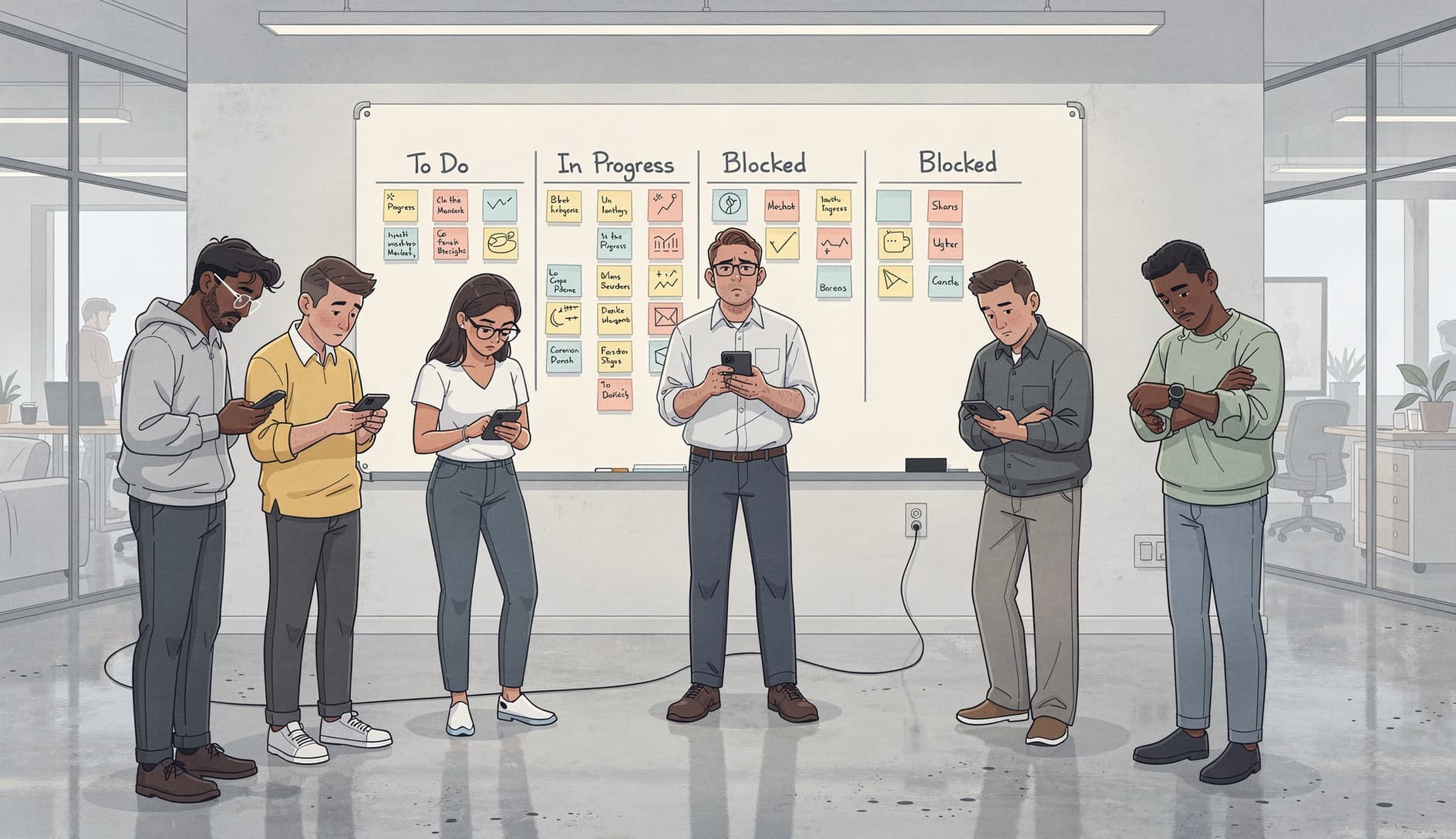 An agile standup meeting with a team of developers looking disengaged, some staring at phones while one person gives a monotone update