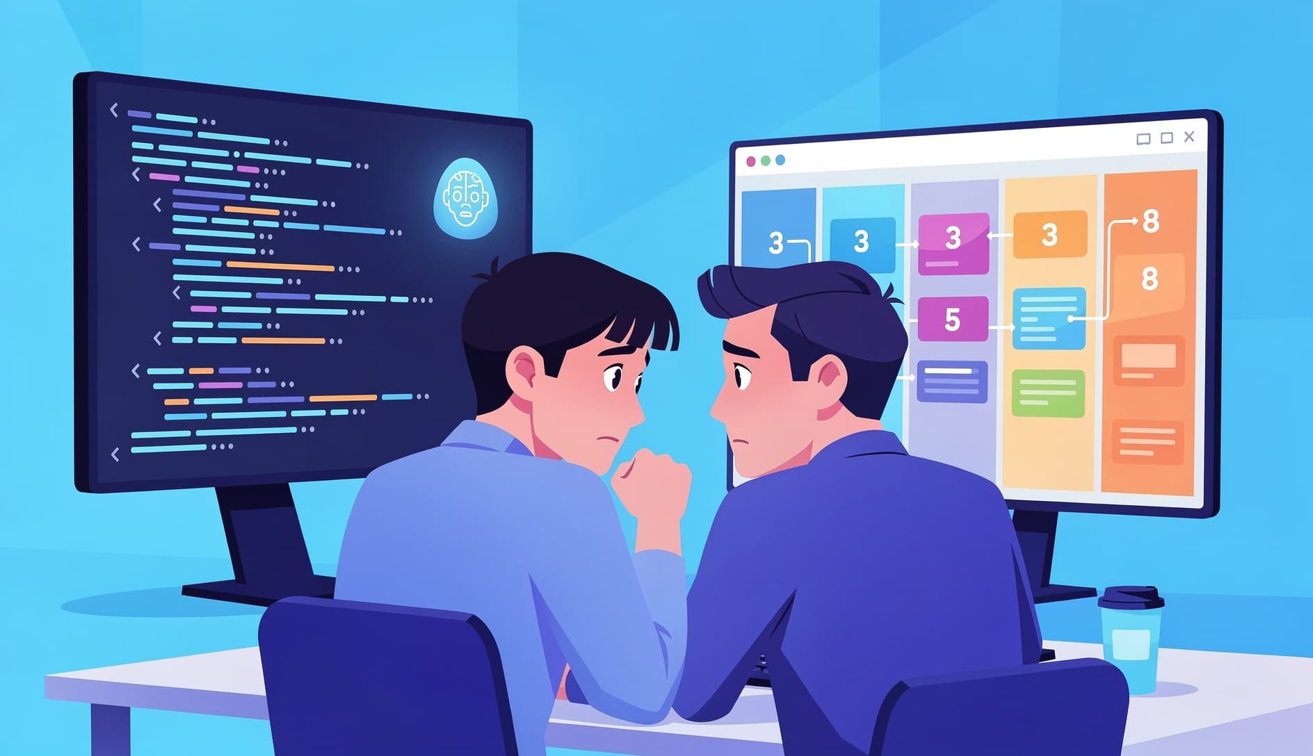 Developer pair working with an AI coding assistant, one screen showing code being generated while the other shows a sprint board with story point estimates, conveying the tension between AI speed and traditional estimation